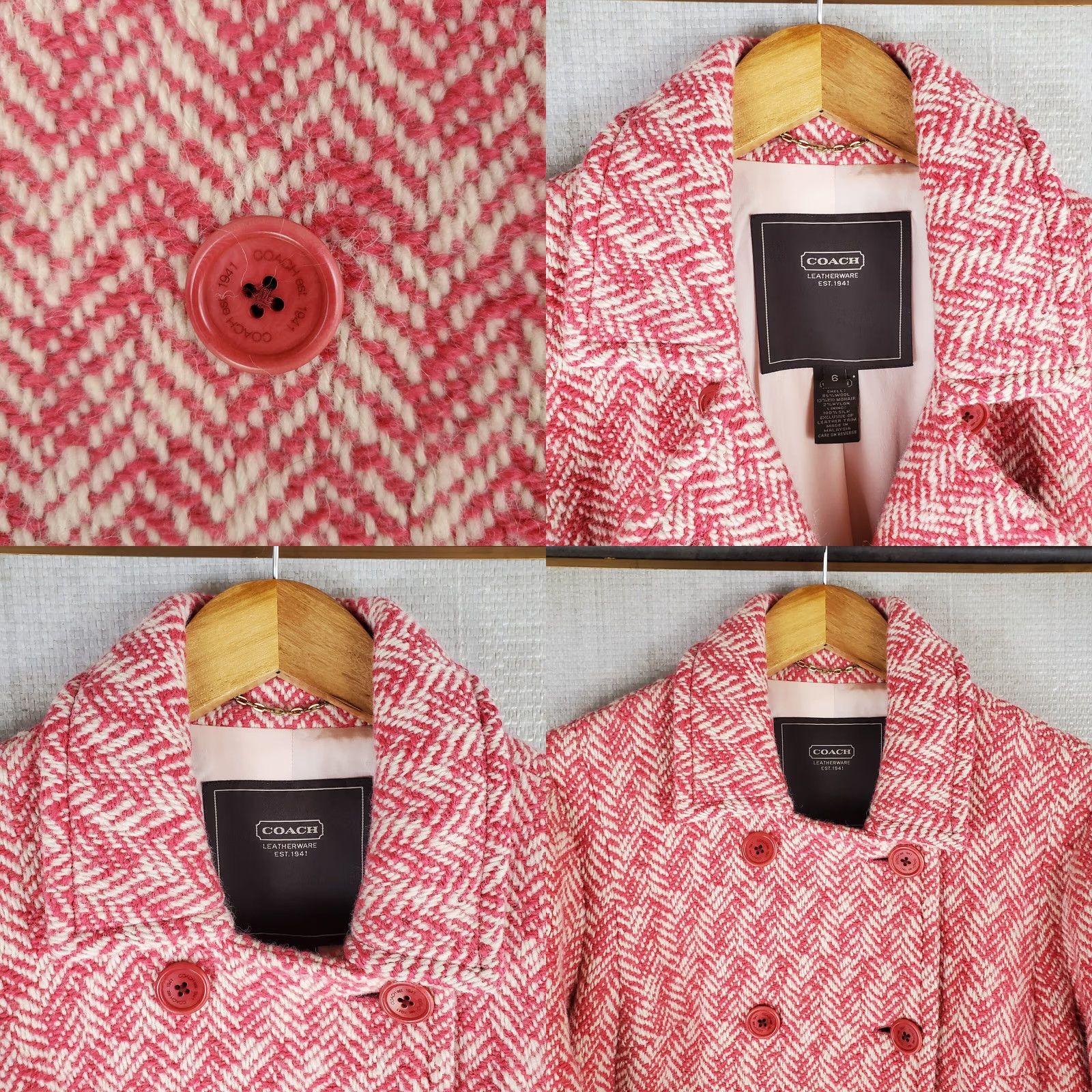 Coach COACH Womens Pea Coat Jacket Pink White Herringbone Wool Mohair Silk Lined Double Breasted Notch Front Pockets Size 6 Womens Size M / US 6-8 / IT 42-44 - 10 Thumbnail