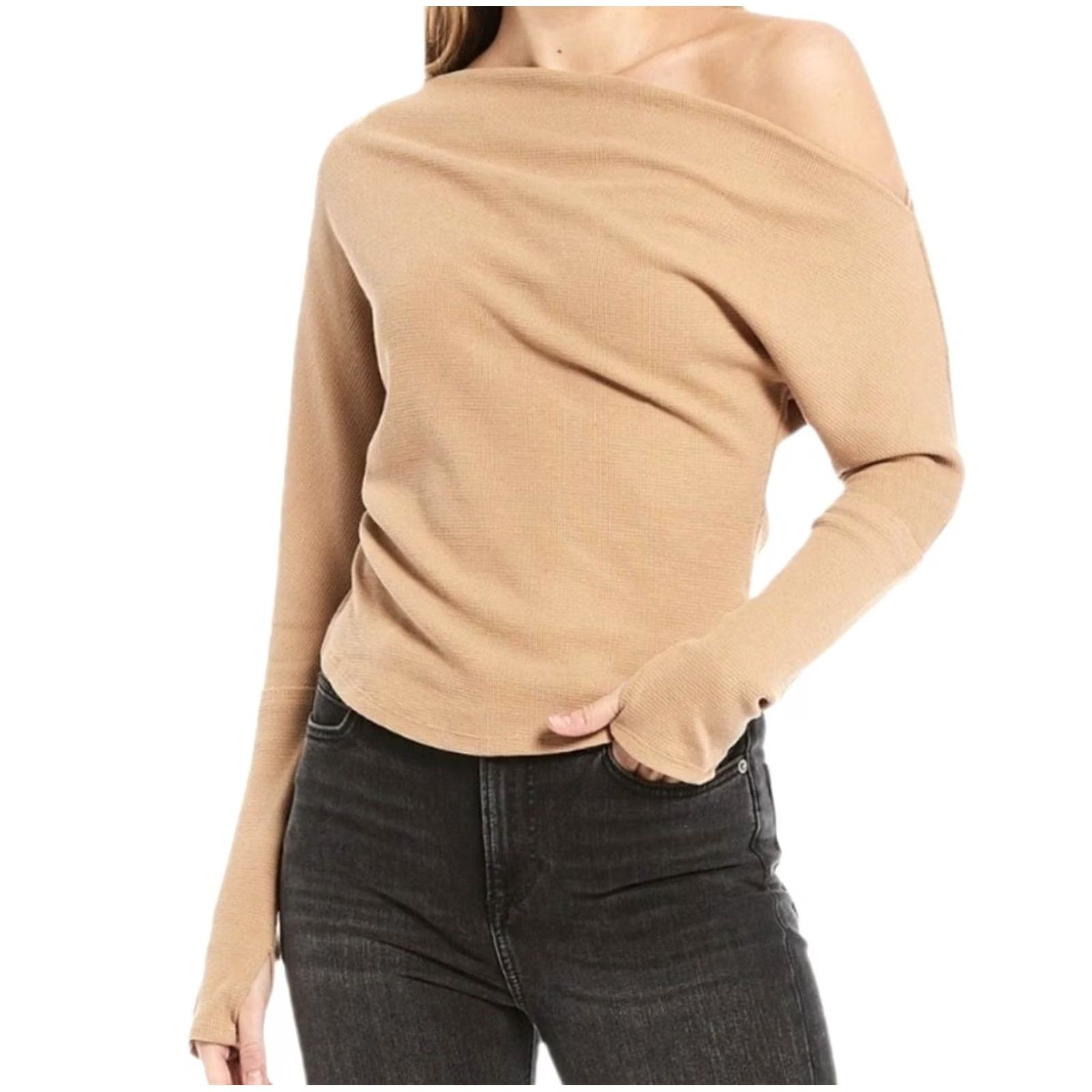 Vintage We The Free Shirt Womens Small Beige One Shoulder Waffle Knit Long Sleeve Top Size S / US 4 / IT 40 - 2 Thumbnail