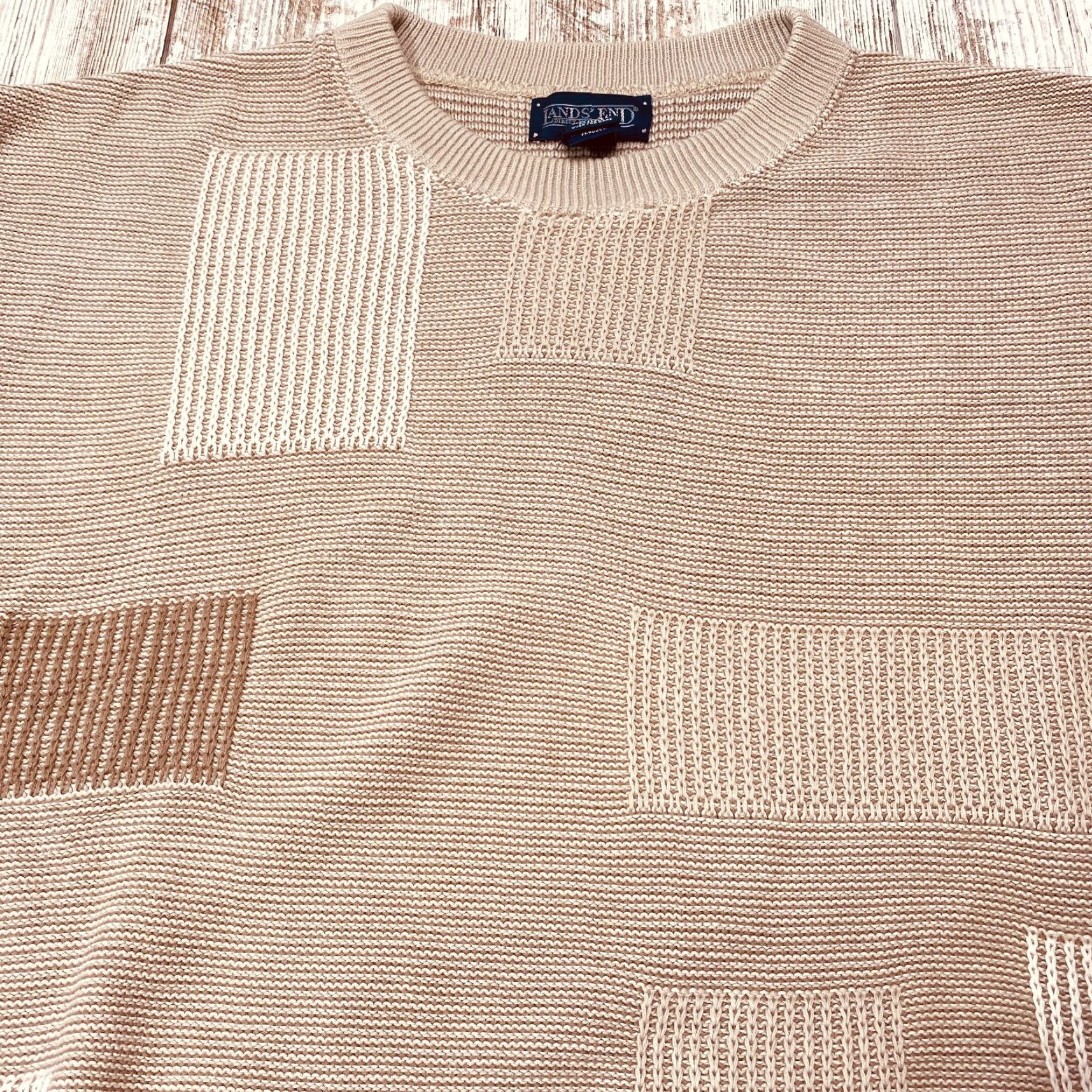 Lands' End VINTAGE Lands' End Geometric Sweater Men's XL Beige Tan Crew Neck Knit Made USA Size US XL / EU 56 / 4 - 5 Thumbnail