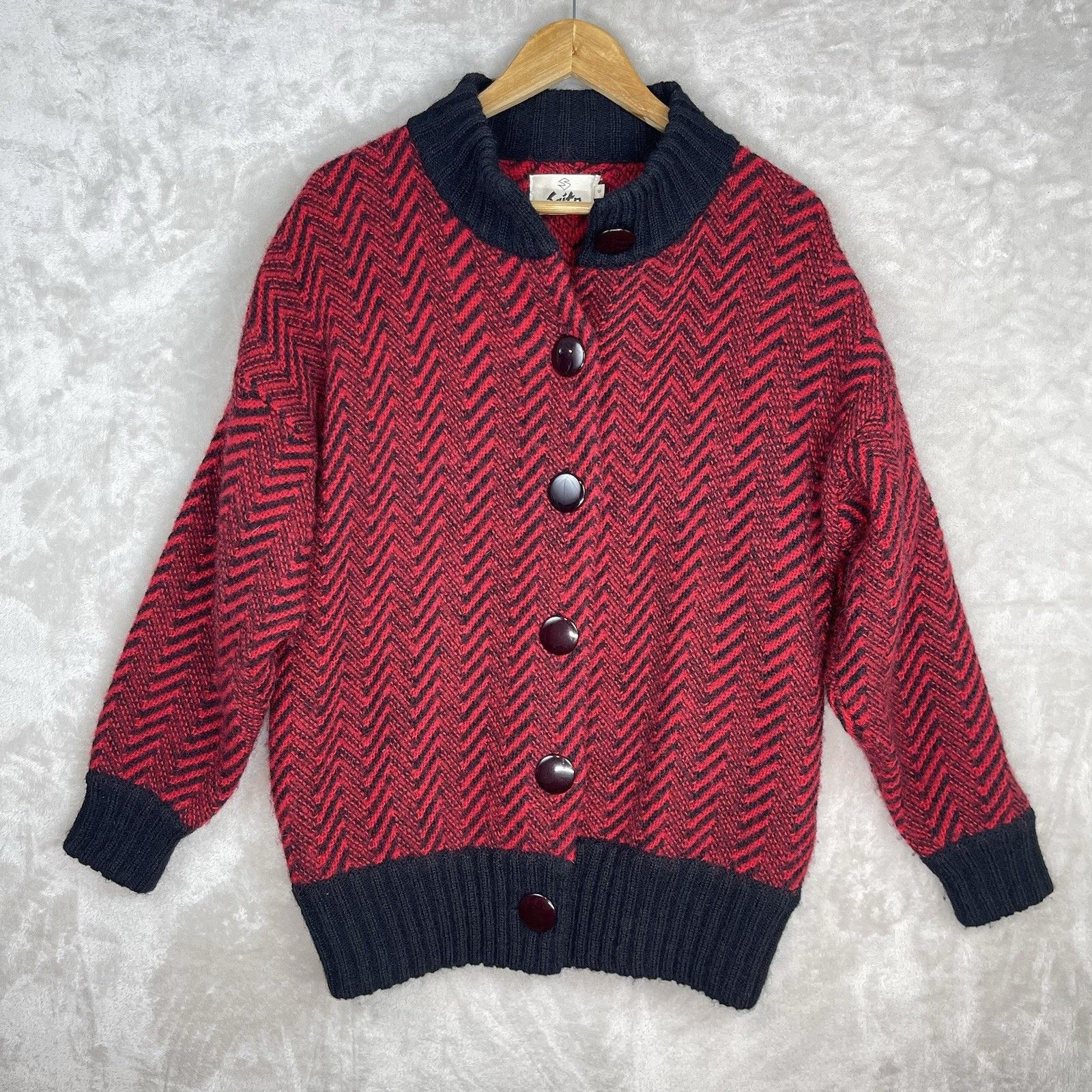 Other Vintage Saito Mohair Chevron Cardigan Red Black 80s Grail Size S / US 4 / IT 40 - 1 Thumbnail