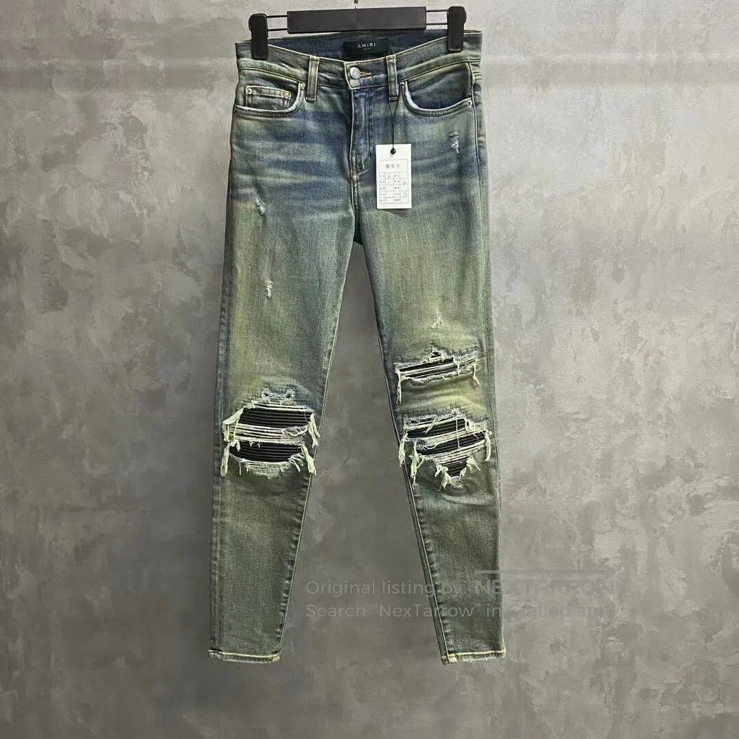 Amiri amiri Blue leather-patchwork pants with zipper denim| Size 26" / US 2 / IT 38 - 1 Thumbnail