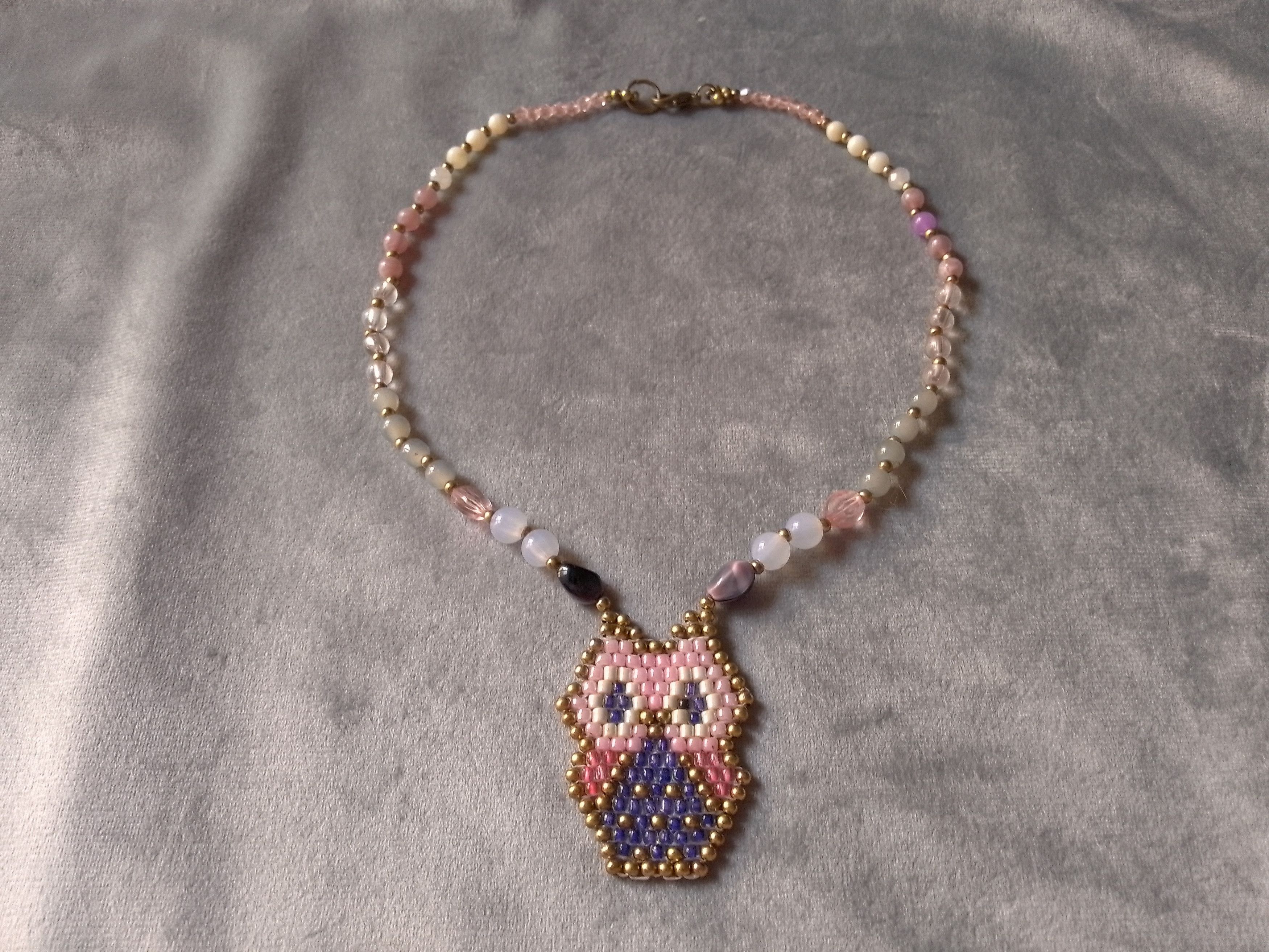 Handmade Necklace Tumbled Amethyst+,Resin Stones Owl Beaded Pendant Size ONE SIZE - 1 Thumbnail
