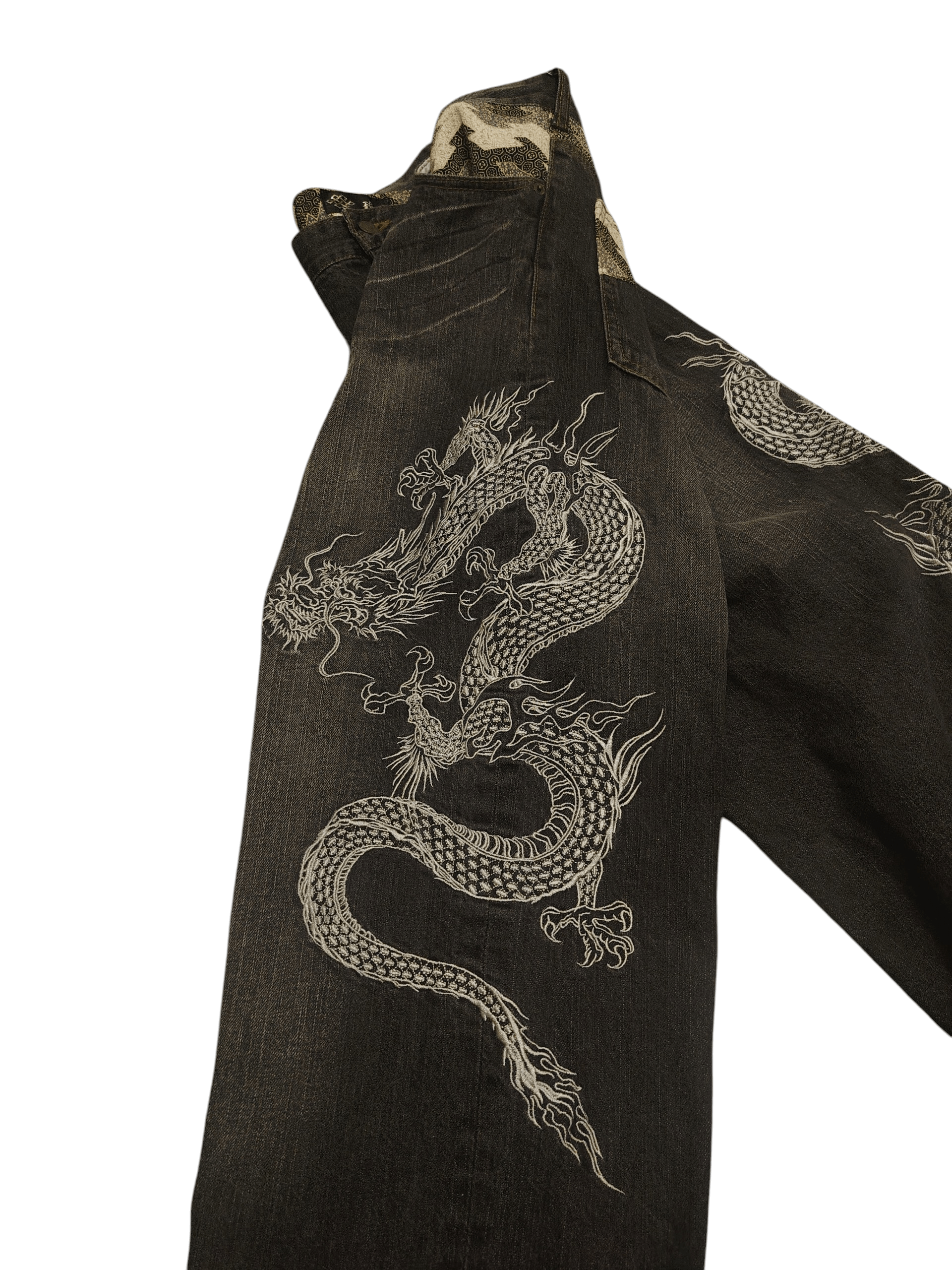 Karakuri Tamashii Rare Japanese Karakuri Embroidered Dragon Baggy Jeans Size US 39 - 7 Thumbnail