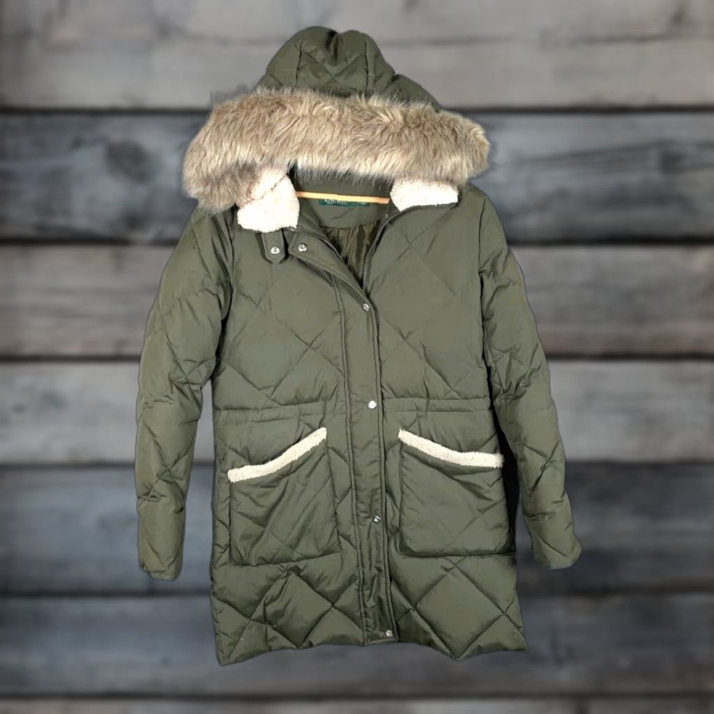 Lauren Ralph Lauren Down Puffer Parka Women's Small Olive Green Faux Fur Hood