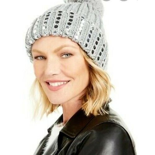 DKNY DKNY Flat-Stud Metallic Rib-Knit Beanie, Silver/ Gray Size ONE SIZE - 3 Thumbnail