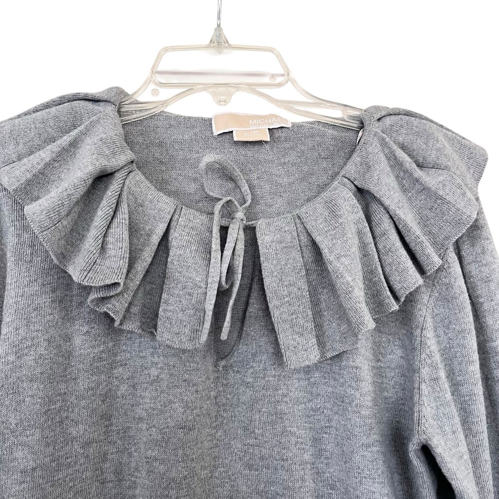 Michael Kors MICHAEL Michael Kors Gray Ruffle Split Tie Neck Sweater Size L / US 10 / IT 46 - 2 Thumbnail