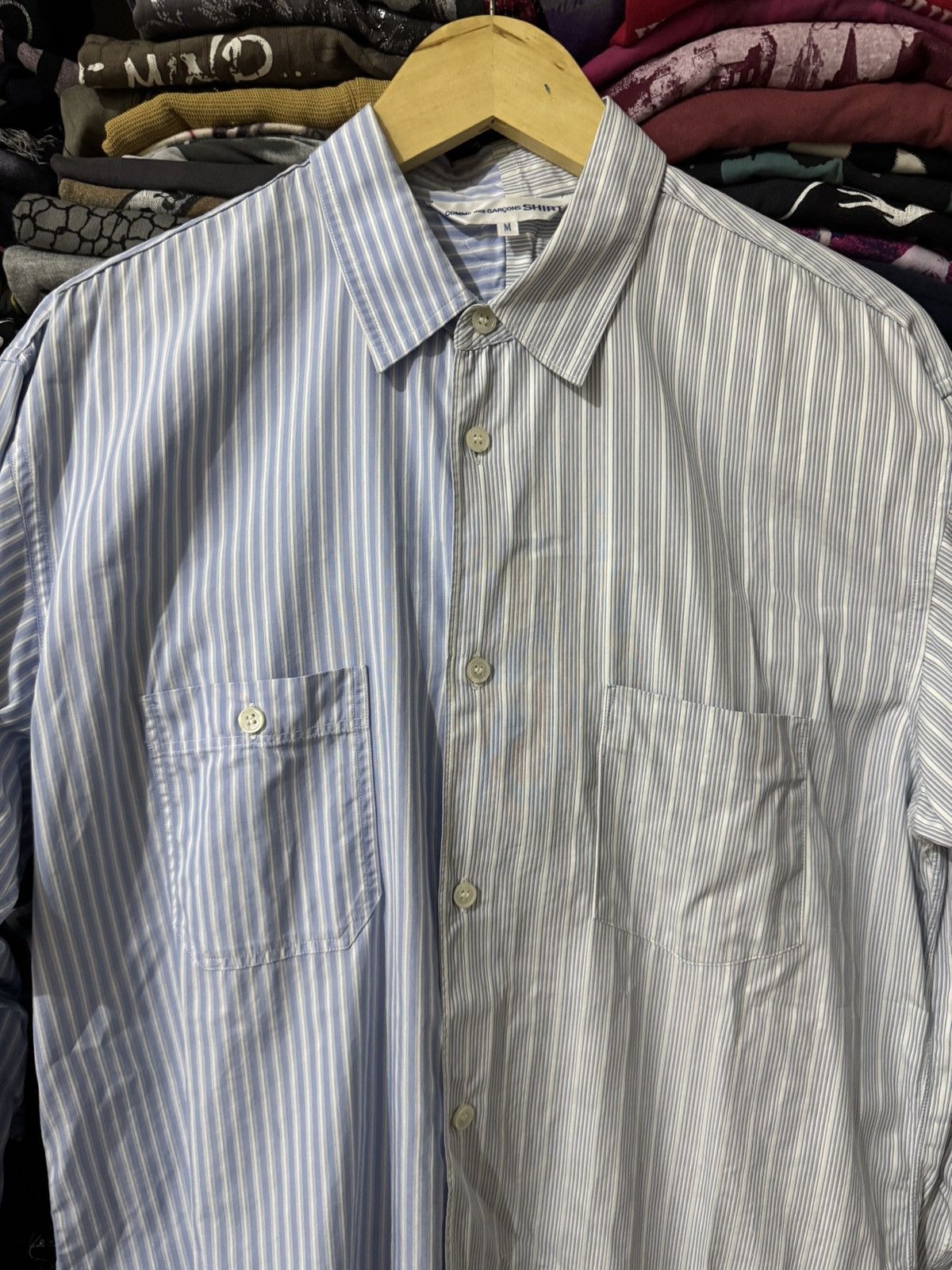 Comme des Garcons Comme des Garcons Blue and Grey Striped Tweed Pacth Shirt Size US M / EU 48-50 / 2 - 5 Thumbnail