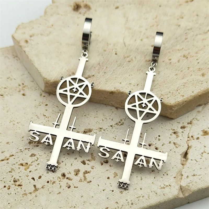 Jewelry Satan Inverted Pentagram Cross Hoop Earrings Jewelry Gift Size ONE SIZE - 1 Thumbnail