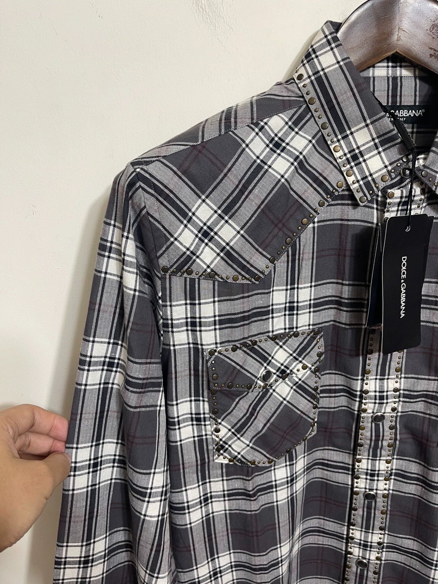 Dolce & Gabbana DG Slim Fit Check Herringbone Brushed Beaded Shirt Size US M / EU 48-50 / 2 - 4 Thumbnail