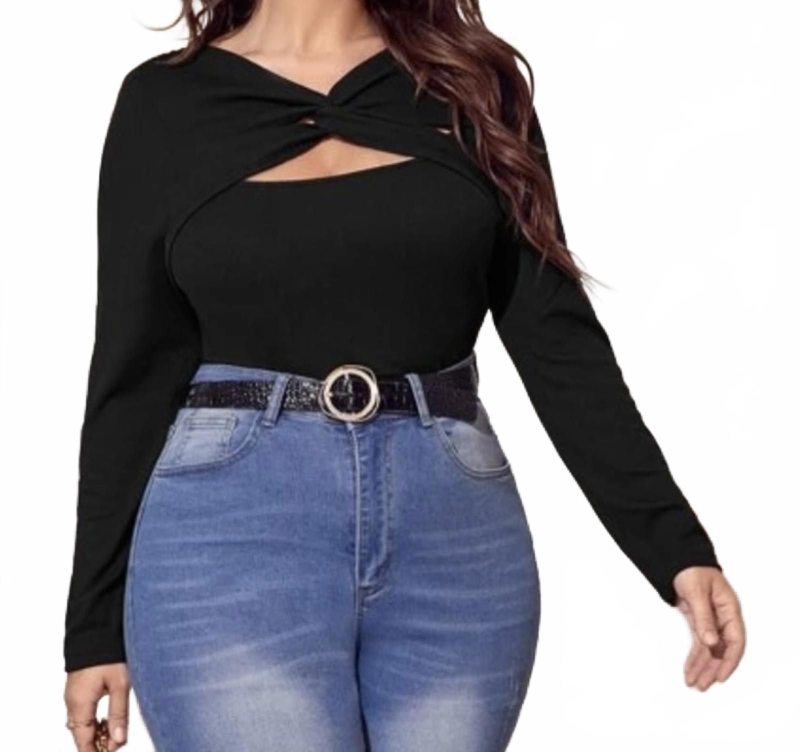 Designer Stylish Black Long Sleeve Top with Twisted Detail Size 4XL / US 24-26 - 1 Thumbnail