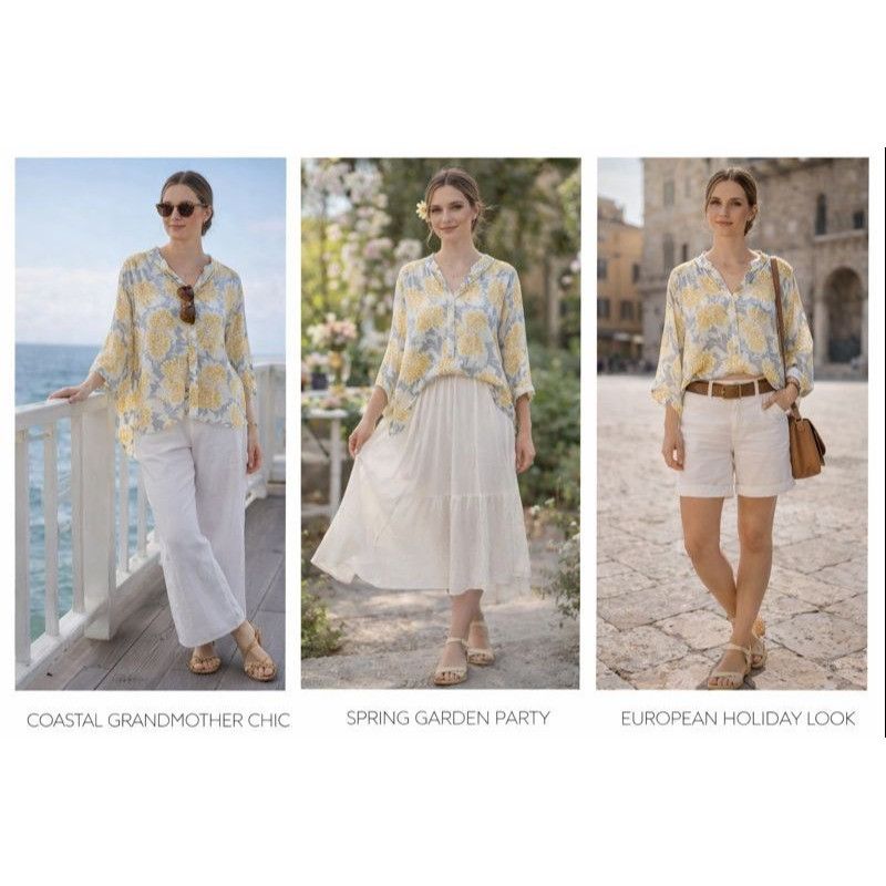 Other Italian Silk Floral Blouse XL Yellow Gray Sheer Resort Coast Size XL / US 12-14 / IT 48-50 - 1 Thumbnail
