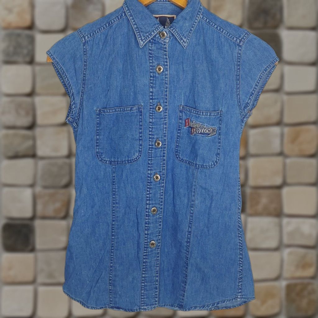 Harley Davidson Harley-Davidson Women’s Sleeveless Chambray Shirt Biker Motorcycle Riding Blue Small Size S / US 4 / IT 40 - 1 Thumbnail