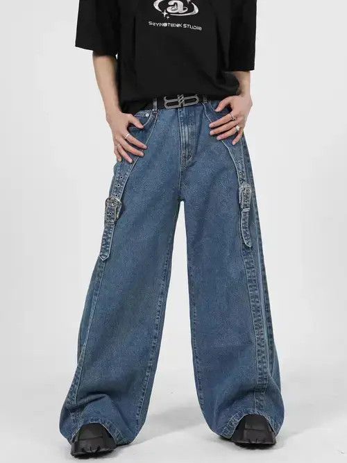 Jean Jeans with double-layer splicing metal leather buckle design Size US 32 / EU 48 - 2 Thumbnail