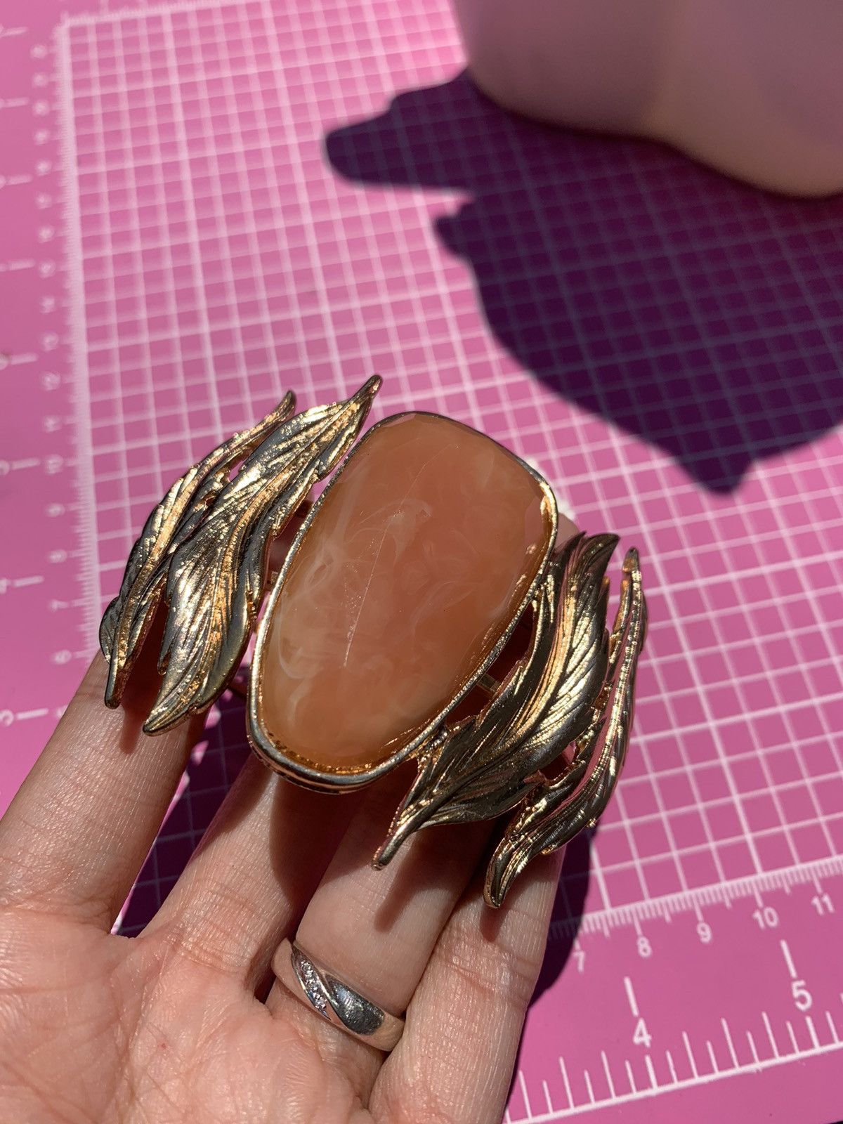 Designer Nadri Gold Leaves Orange Resin Pendant Hinged Wide Cuff Size ONE SIZE - 9 Thumbnail