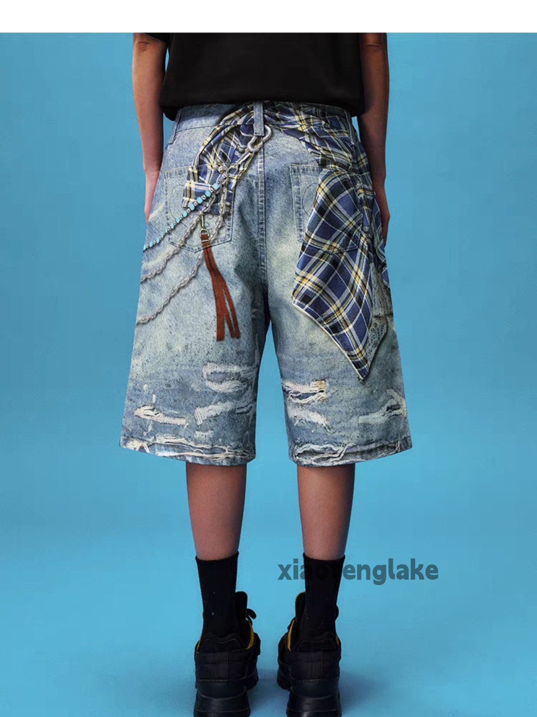 Jean Unisex washed faded loose baggy print dance shorts Size US 30 / EU 46 - 6 Thumbnail