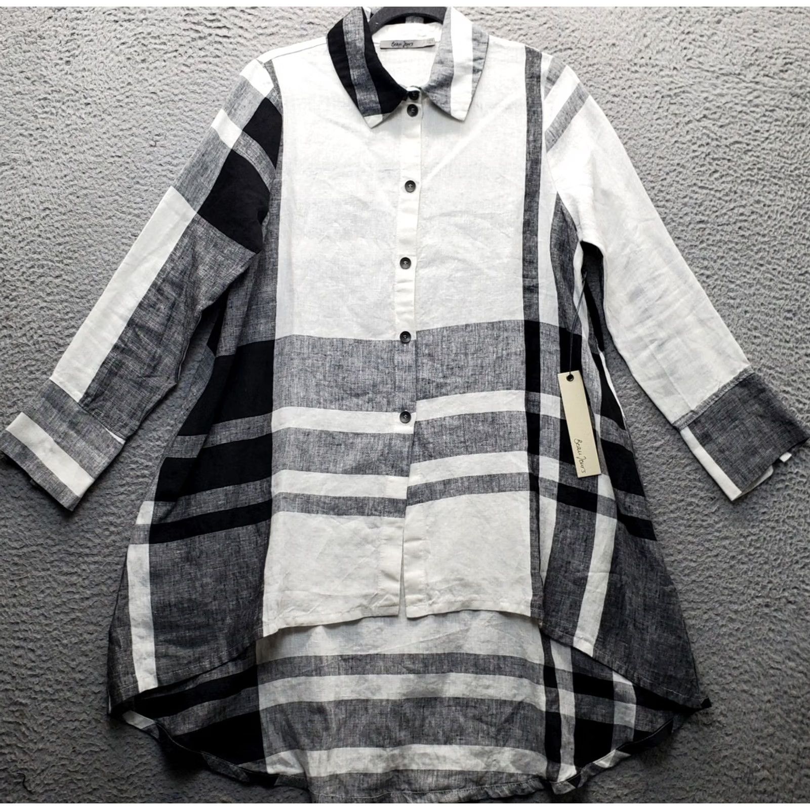 Vintage Beau Jours Tunic Shirt Womens M Multi Plaid High Low Cuff Slit Collar Button Up - Comfortable Size M / US 6-8 / IT 42-44 - 2 Thumbnail