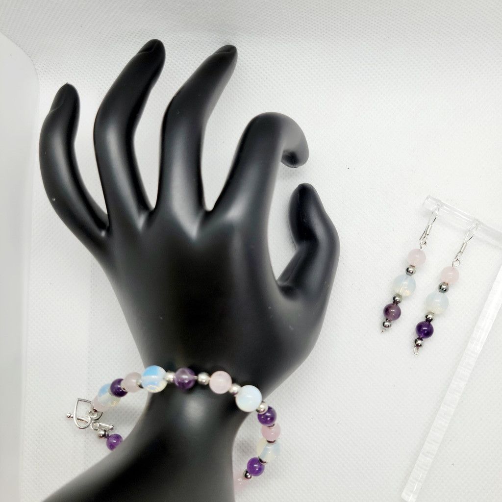 Handmade Natural Crystal rose quartz amethyst opalite bracelet set Size ONE SIZE - 4 Thumbnail