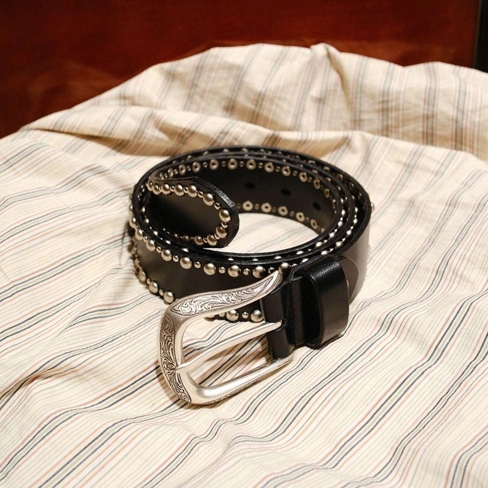 Japanese Brand Unisex Genuine Leather Studded Pin Buckle Belt Size ONE SIZE - 7 Thumbnail