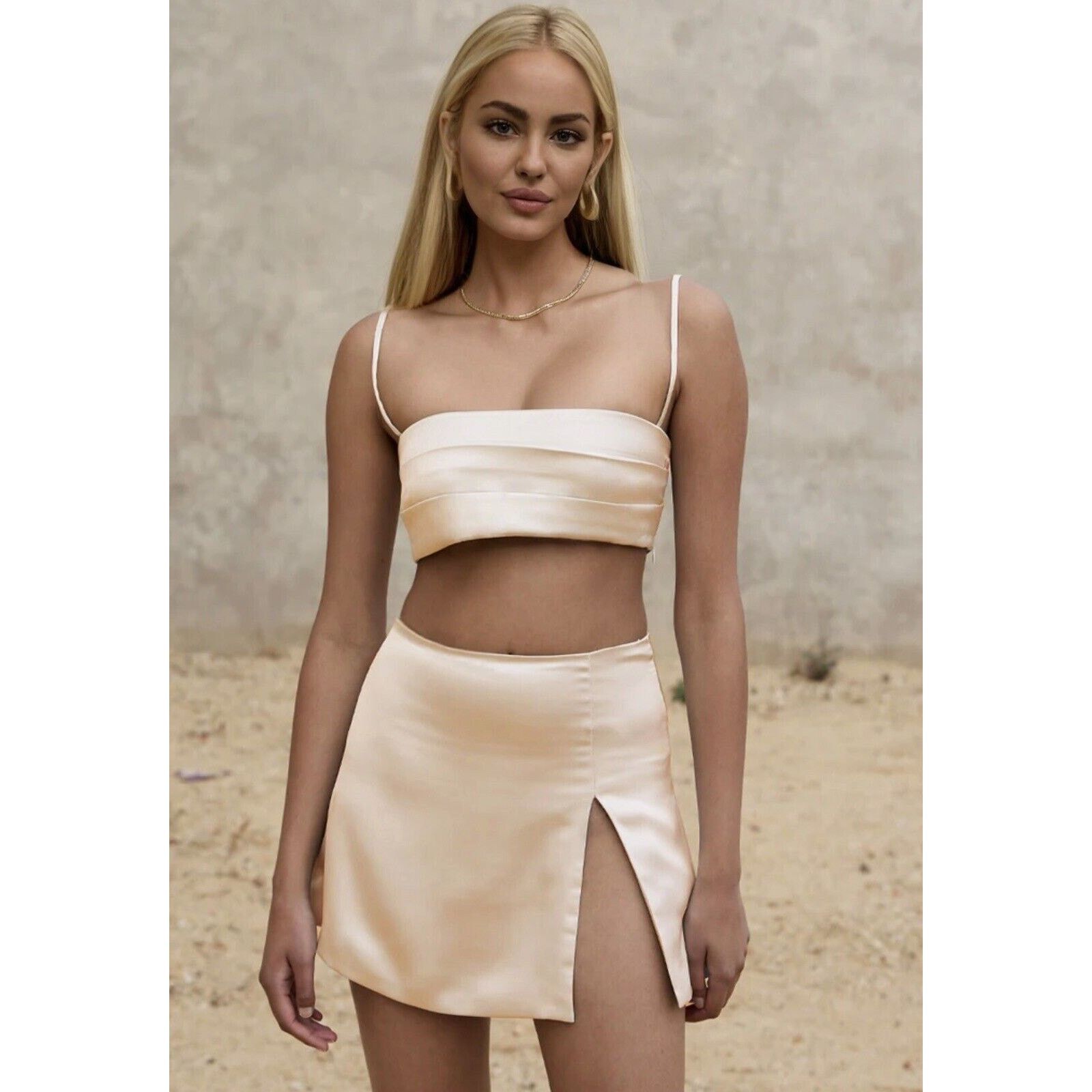 Other Silkhour Ayu Champagne Satin Skirt Kick Split Zip Back Mini Size 27" / US 4 / IT 40 - 4 Thumbnail