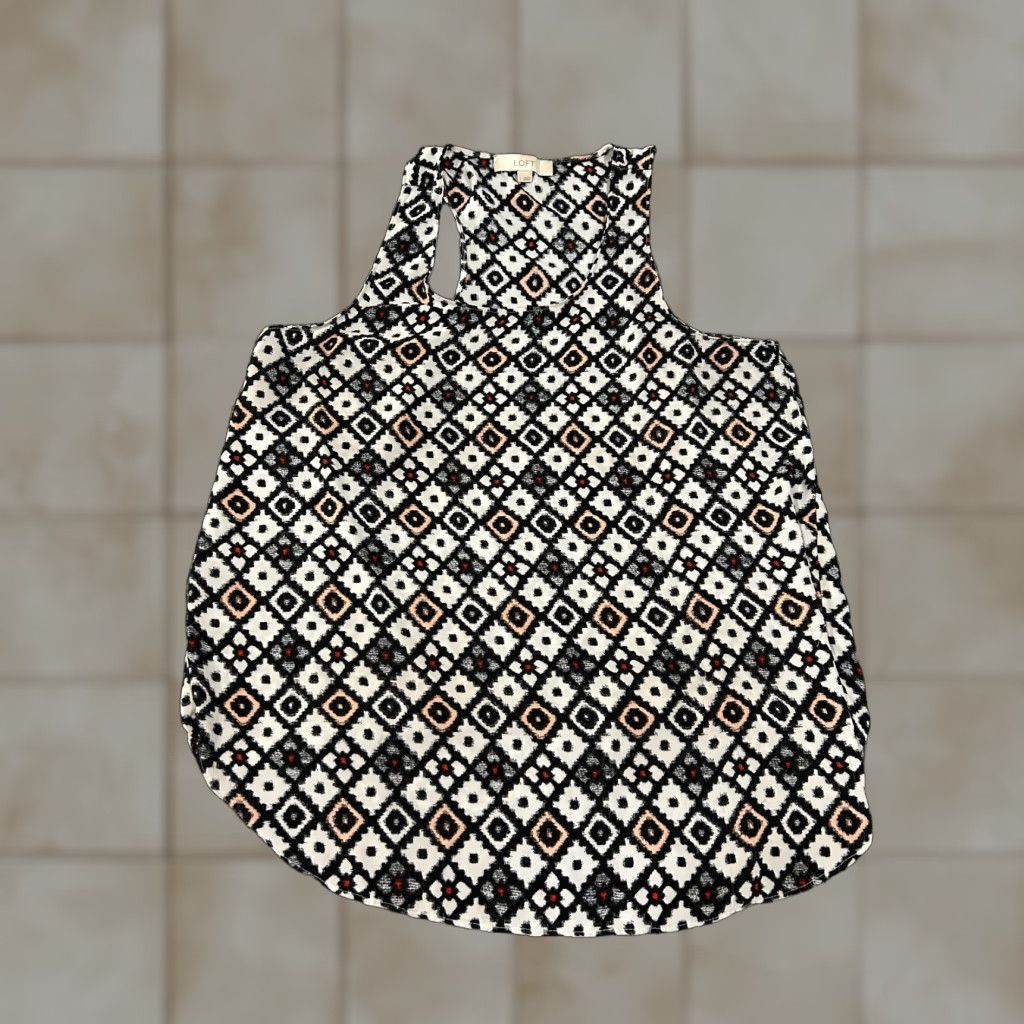 Ann Taylor LOFT Ann Taylor Geometric Blouse Womens Large Black Sleeveless Scoop Neck Pullover Lightweight Polyester Rayon Ruffle Casual Shirt Top Size L / US 10 / IT 46 - 1 Thumbnail