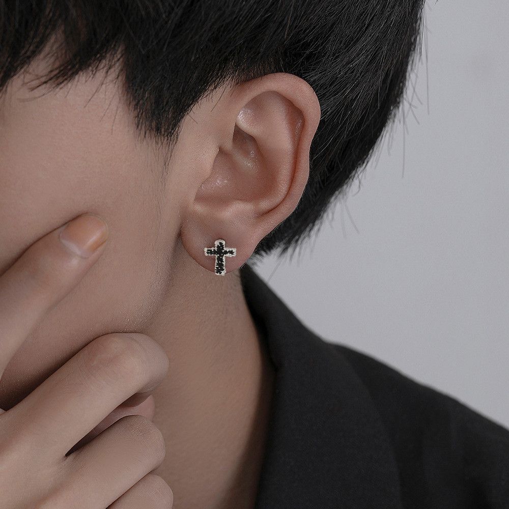 Diamond Earrings x Jewelry Cross Vibe Earrings One Pairs Chrome Jewelry in Silver, Men's