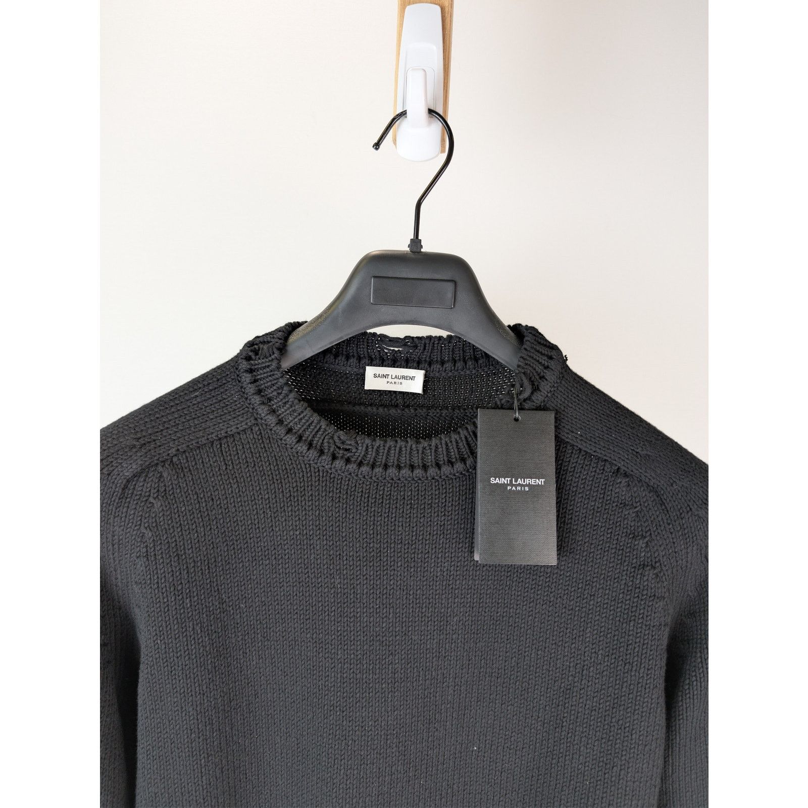 Saint Laurent Paris o1rshd1 Distressed Cotton Knit Crew-Neck Sweater in Black Size US M / EU 48-50 / 2 - 7 Thumbnail
