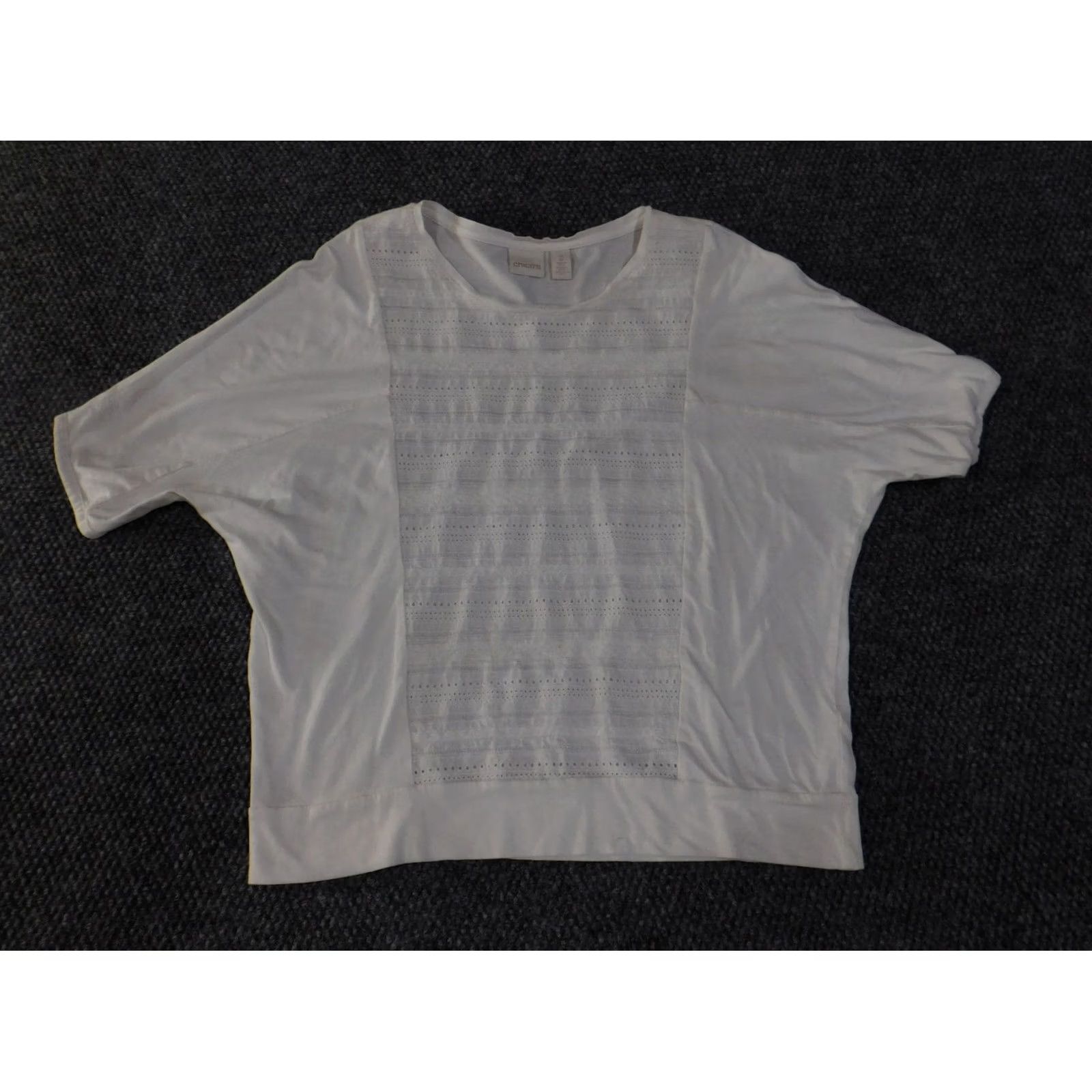 Vintage Chicos Blouse Womens 2 White Textured Knit Casual Pullover Short Sleeve Cotton Viscose Regular Non-Iron Machine Washable Solid Round Neck Vintage No Size XS / US 0-2 / IT 36-38 - 2 Thumbnail