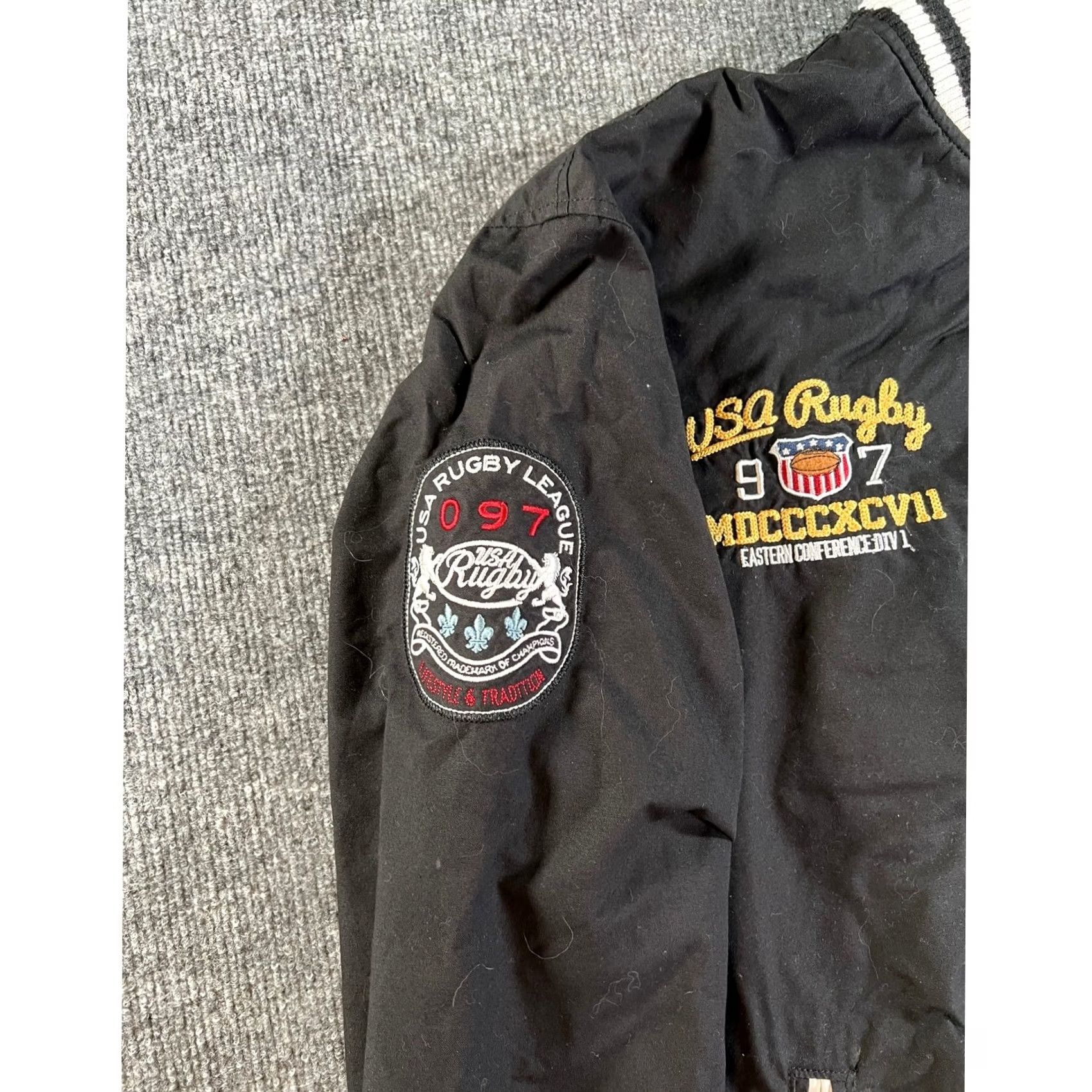 Vintage USA Rugby Varsity Bomber Jacket Mens 3XL Black Patchwork Snap Front Collegiate Size US XXL / EU 58 / 5 - 7 Thumbnail