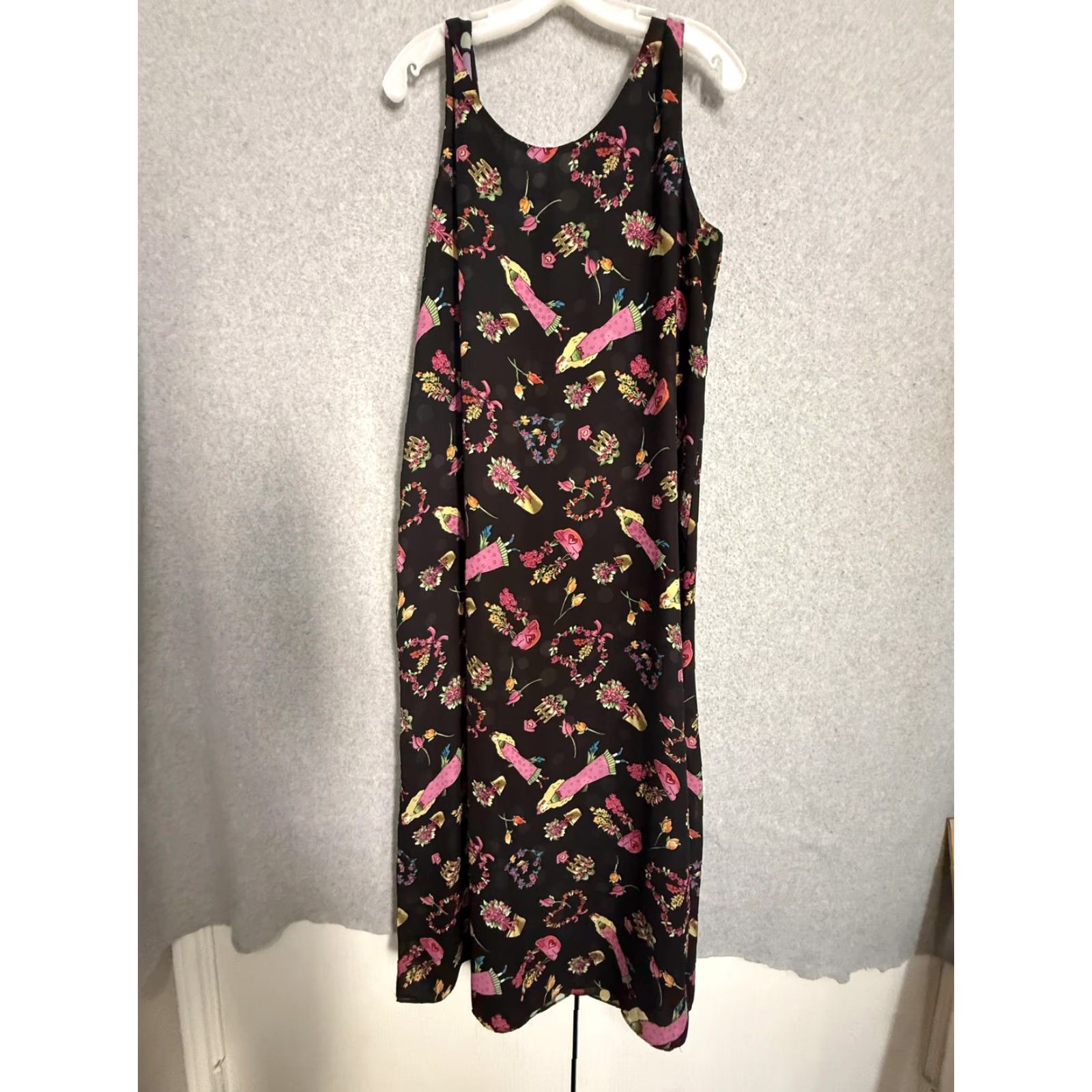 Vintage Floral Tank Dress Womens Large Black Maxi Reversible Pockets Boho Sleeveless Adults Ladies Size L / US 10 / IT 46 - 3 Thumbnail