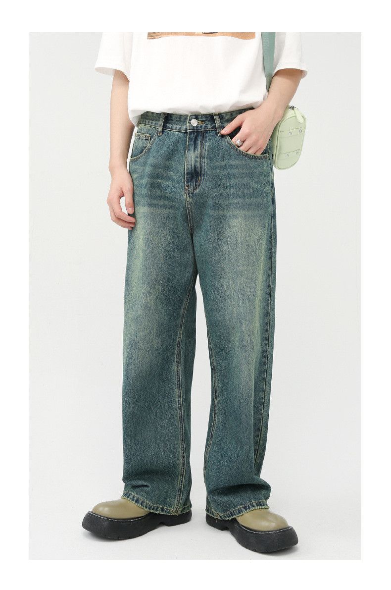 Japanese Brand × Jean Washed distressed straight-leg dark green wide-leg jeans Size US 32 / EU 48 - 1 Thumbnail