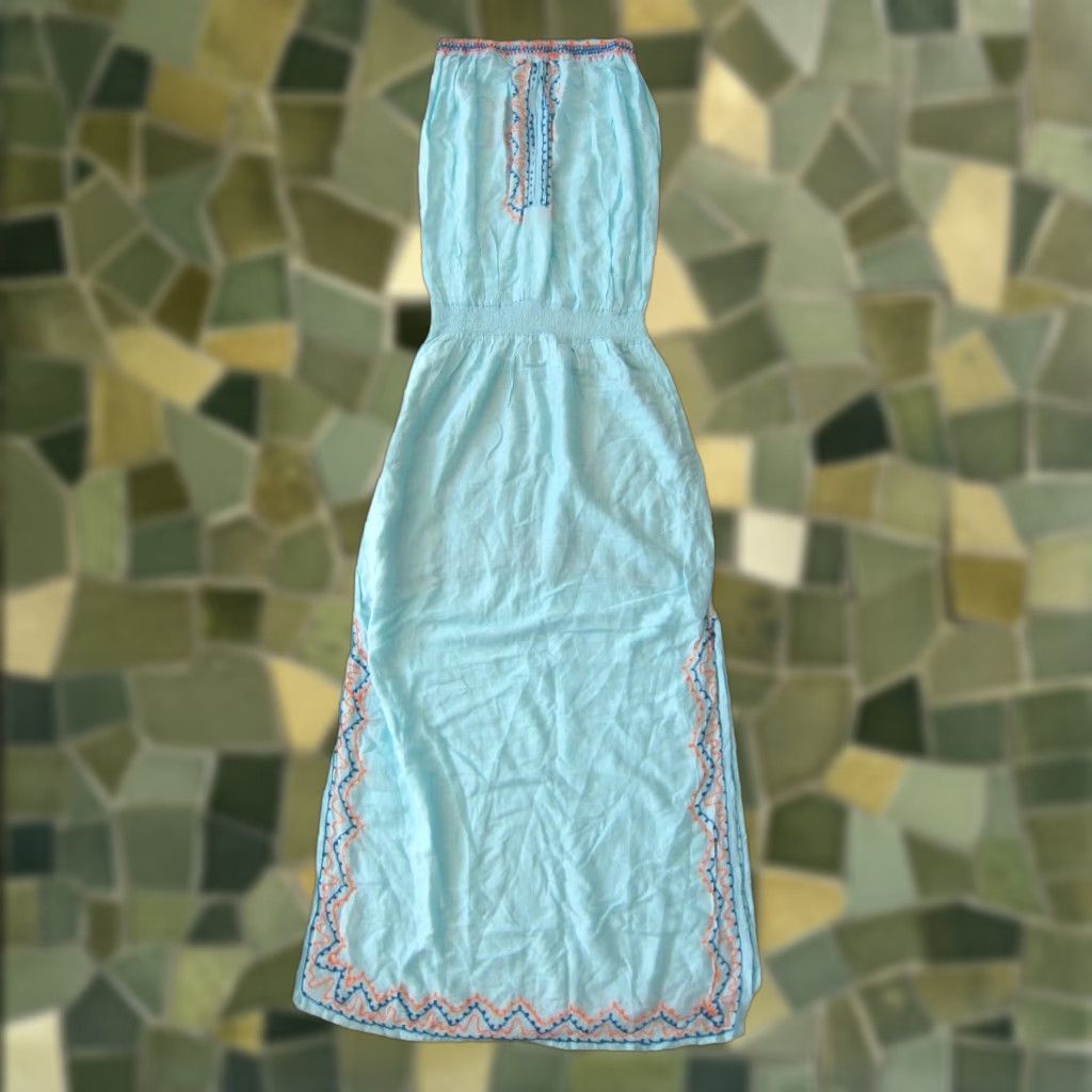 Vintage VINTAGE NWT 7 Islands Rayon Embroidered Strapless Long Maxi Dress Turquoise Orange Large Blue Size L / US 10 / IT 46 - 1 Thumbnail