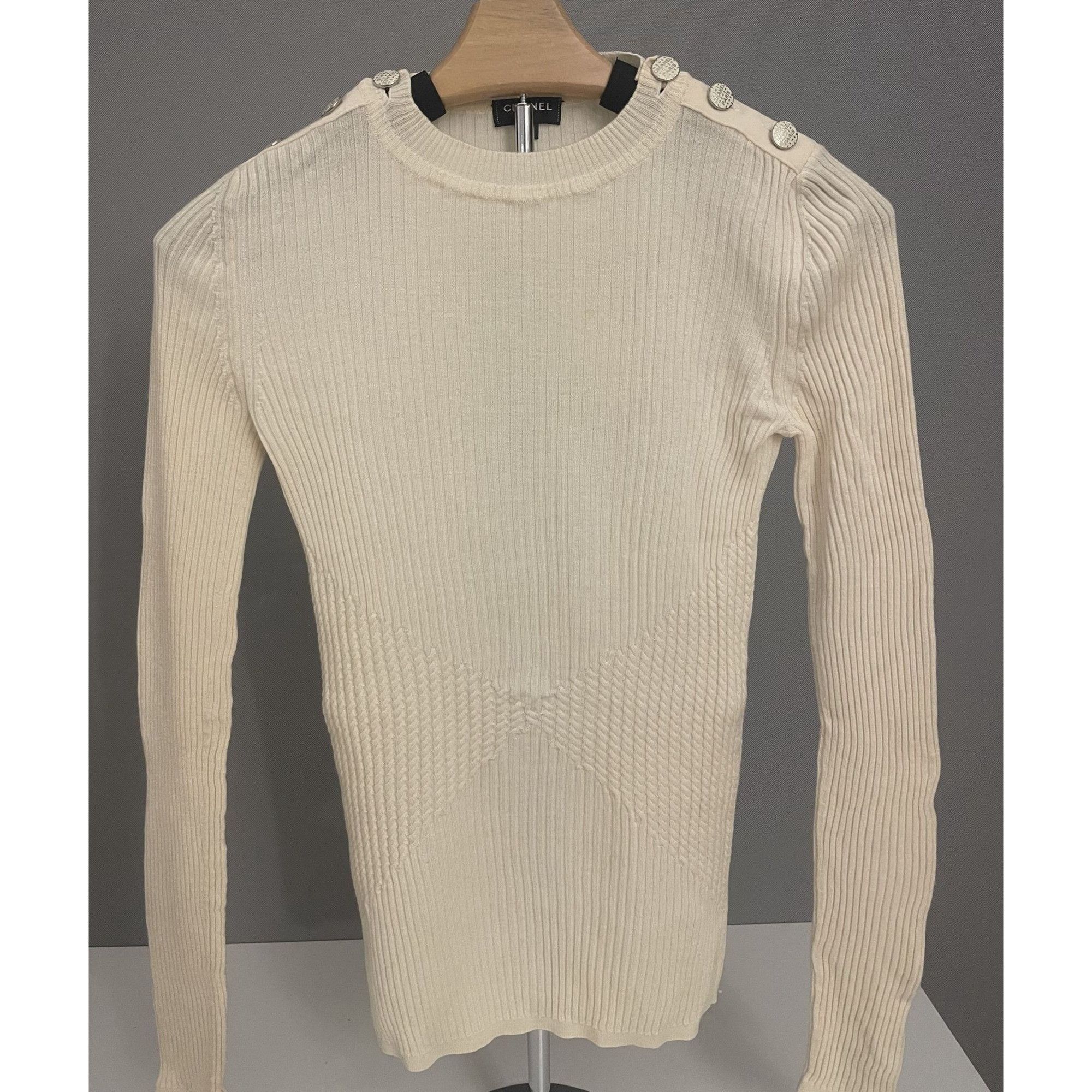 Chanel Cream Ribbed Knit Sweater With Button Shoulder Detail