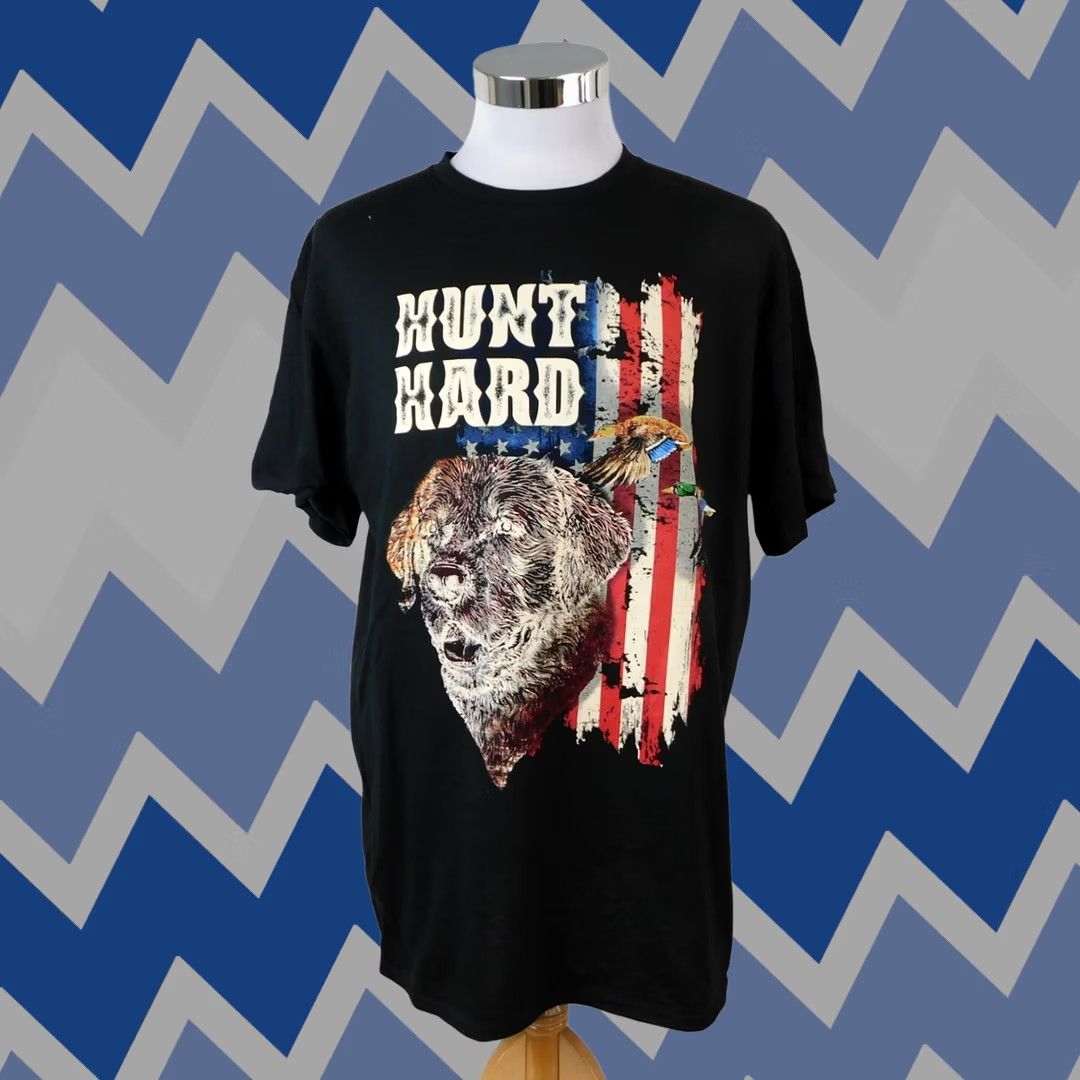Fruit Of The Loom American Flag Bird Dog Hunting Graphic T-Shirt Black Large Mens Shirt Short Sleeve Crew Neck Cotton Vintage? No Size US L / EU 52-54 / 3 - 1 Thumbnail