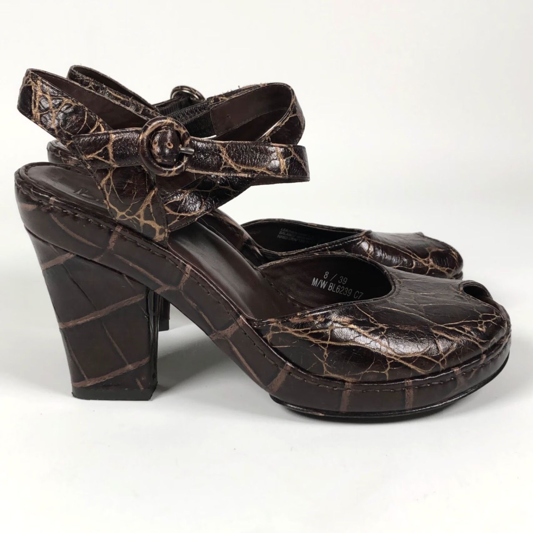 Vintage Bolo Womens Size 8 Brown Reptile Print Leather Slingback Platform Heels Size US 8 / IT 38 - 2 Thumbnail