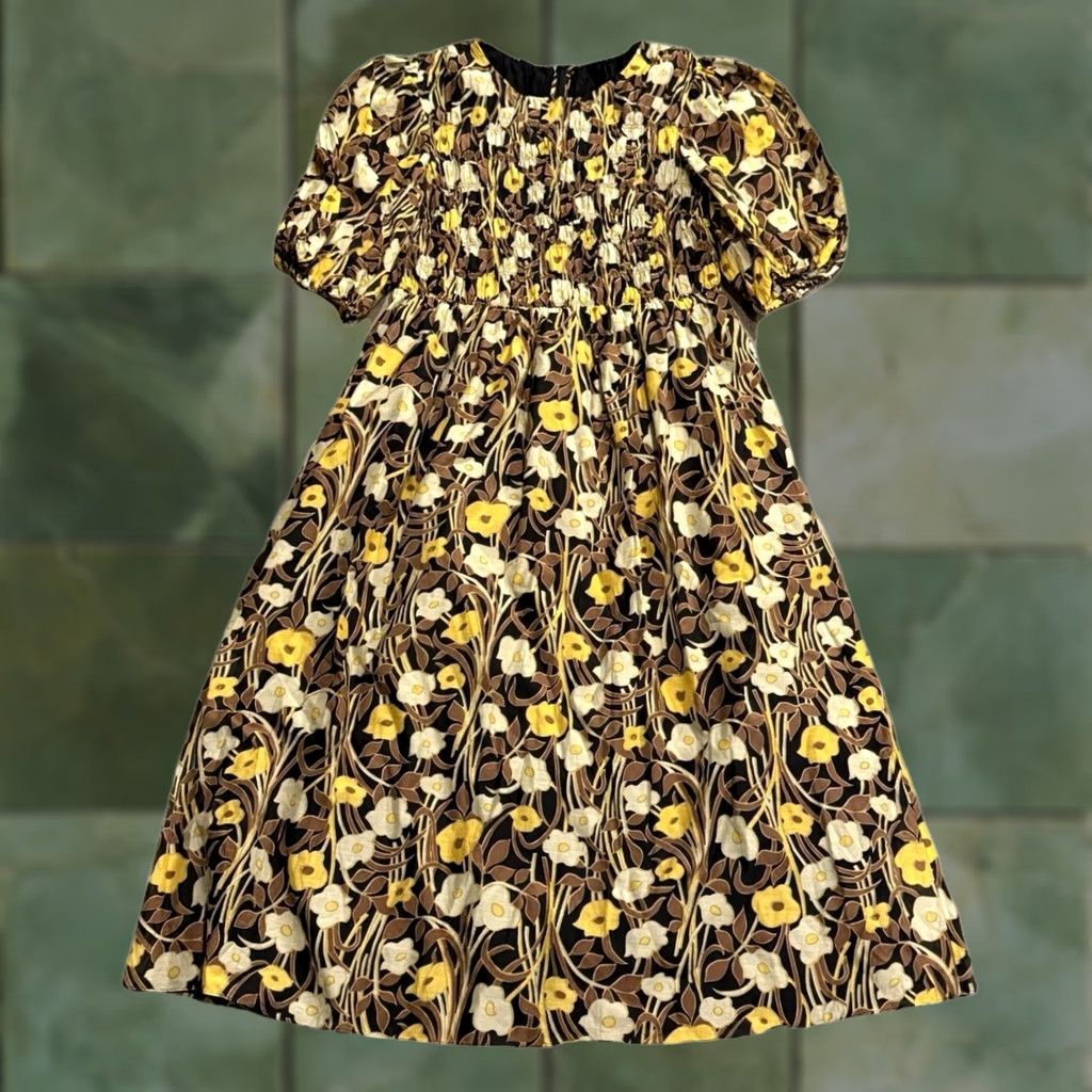 Rebecca Taylor Rebecca Taylor Daphne Fleur Ruched Puff Sleeve Silk Blend Floral Dress XL Yellow Midi Womens Buttonless Pullover Smocked Preppy Shirt Dress Size XL / US 12-14 / IT 48-50 - 1 Thumbnail