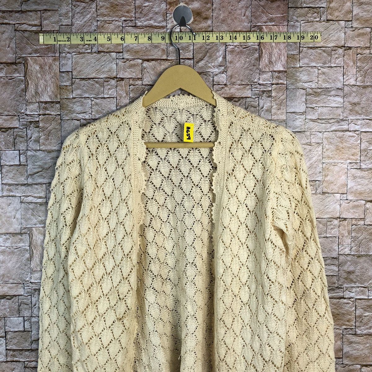 Homespun Knitwear × Japanese Brand Japan vintage crochet mesh net Yellow Cardigan #A659 Size S / US 4 / IT 40 - 2 Thumbnail