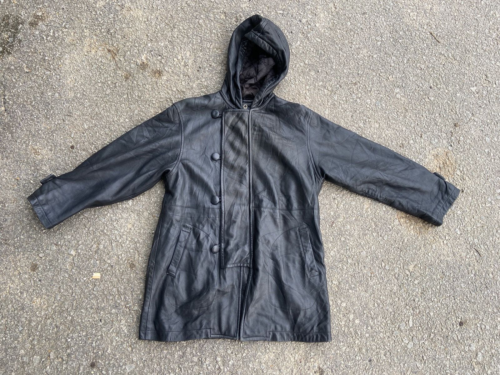 Yohji Yamamoto Circa 92–93 Hooded Leather Coat with Asymmetrical Button Size US L / EU 52-54 / 3 - 13 Thumbnail