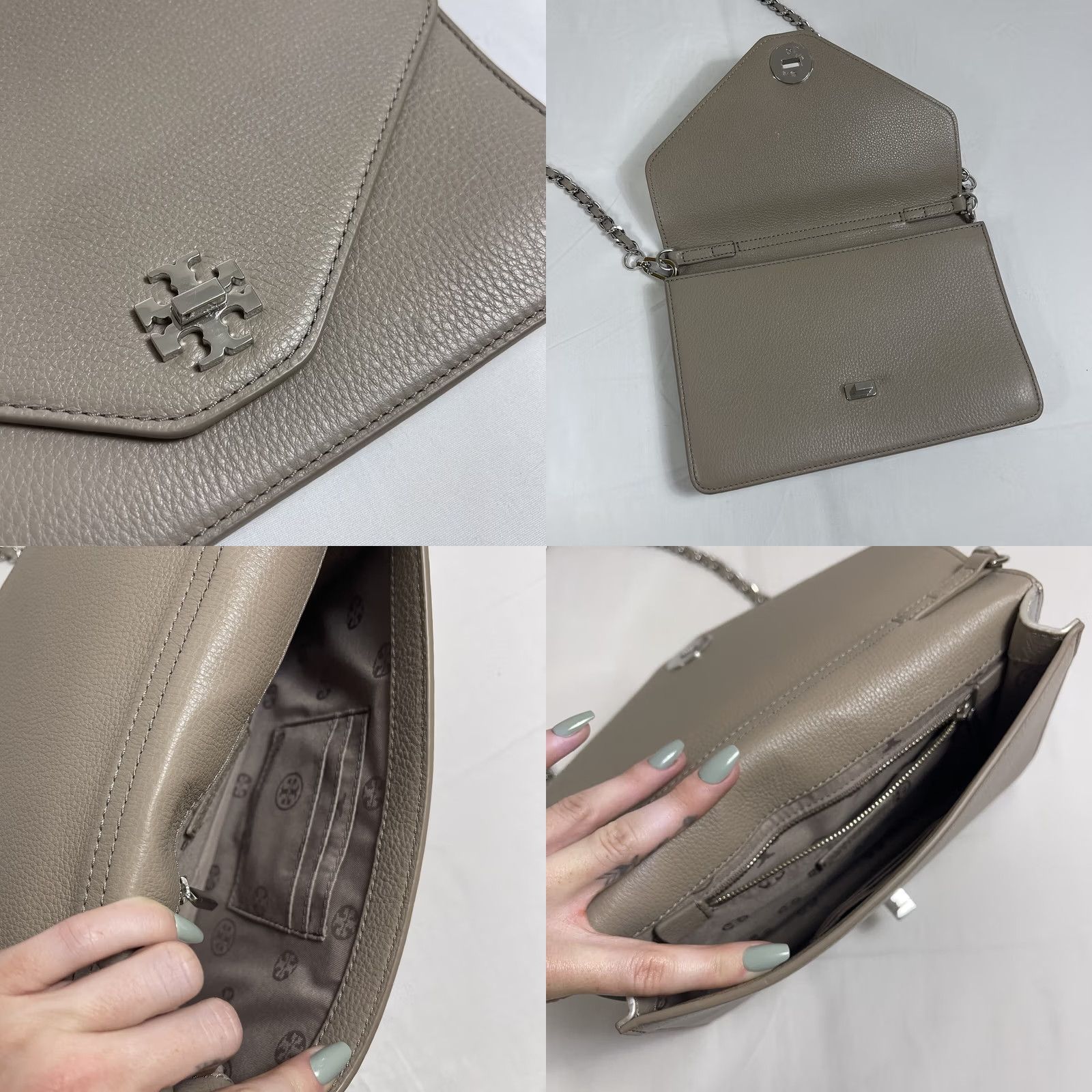 Tory Burch Tory Burch Kira Leather Envelope Convertible Clutch Crossbody Chain Champagne Gray Silver Medium Girls? Size ONE SIZE - 8 Thumbnail