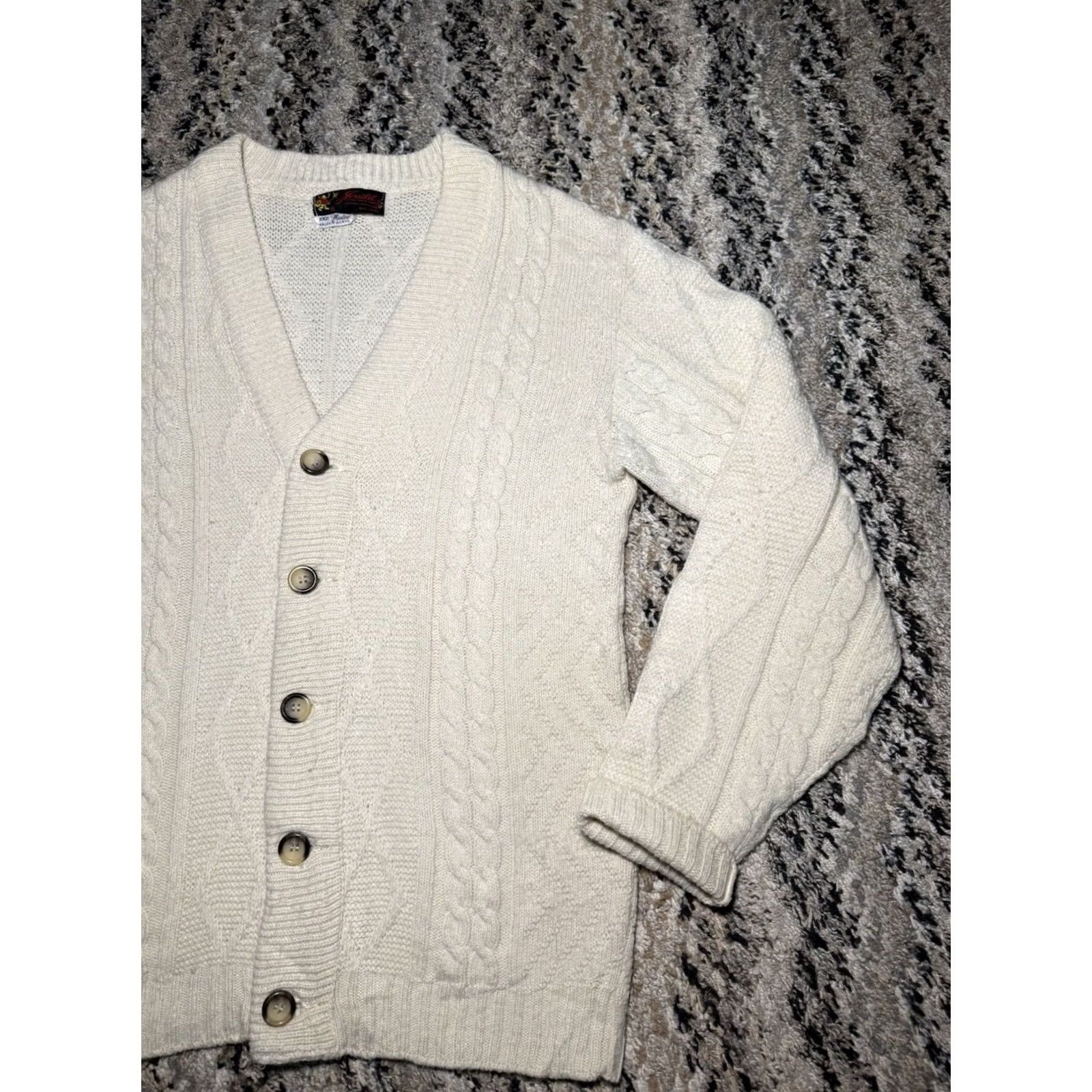 Vintage VINTAGE JERSILD GRANDPA CARDIGAN SWEATER Mens XL USA Cable Knit Fisherman 60s 70s Ivory Geometric Size US XL / EU 56 / 4 - 2 Thumbnail