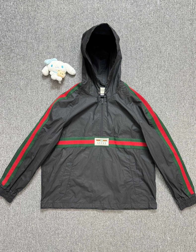 Gucci Black Hooded Jacket with Stripes