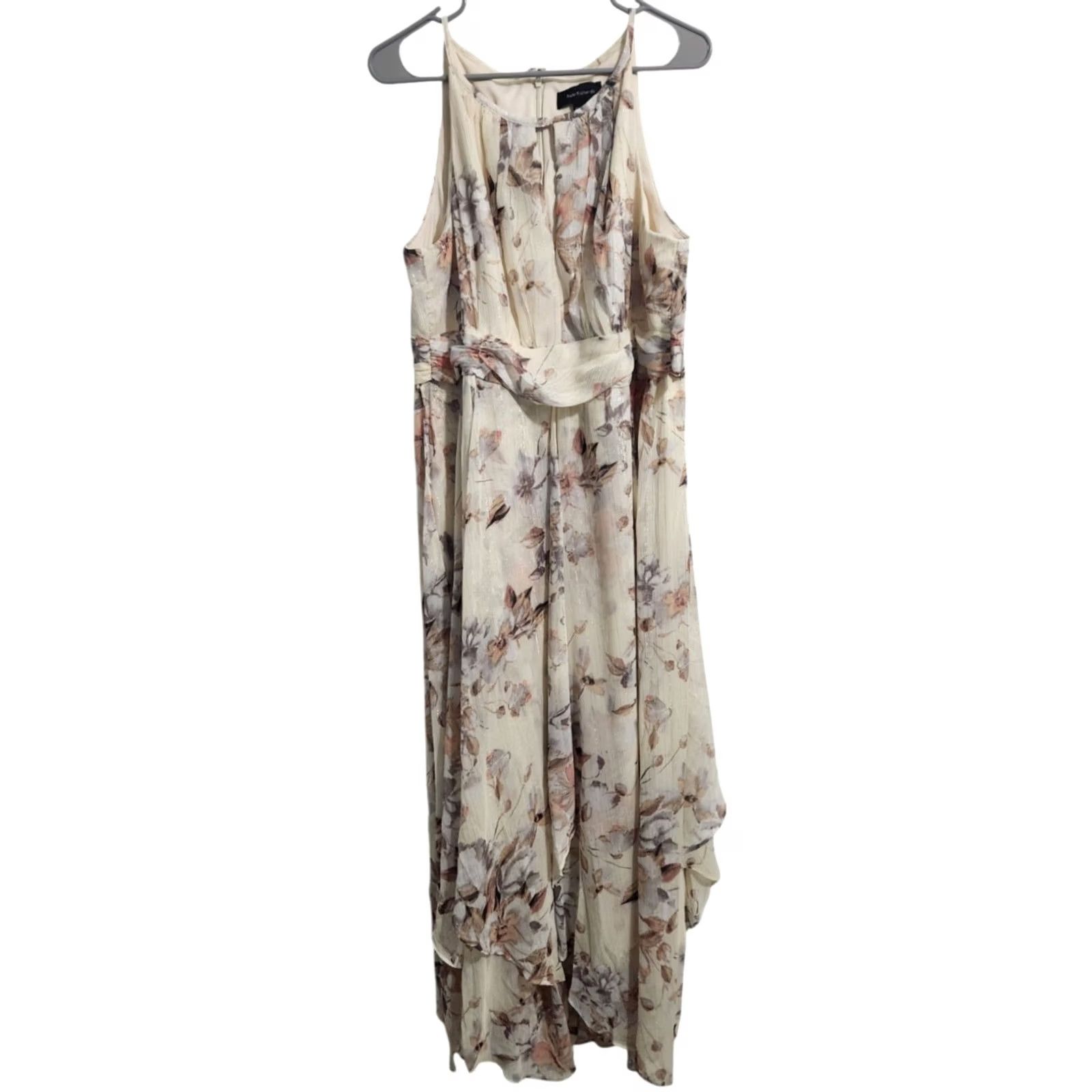 Vintage R&M Richards Womens Maxi Dress Floral Beige Lined A-Line 16 Sleeveless Tank Dress (Chiffon) ZIP - Floral Pattern - 57" Long - 100% Polyester - Regular Size XXL / US 16-18 / IT 52-54 - 2 Thumbnail