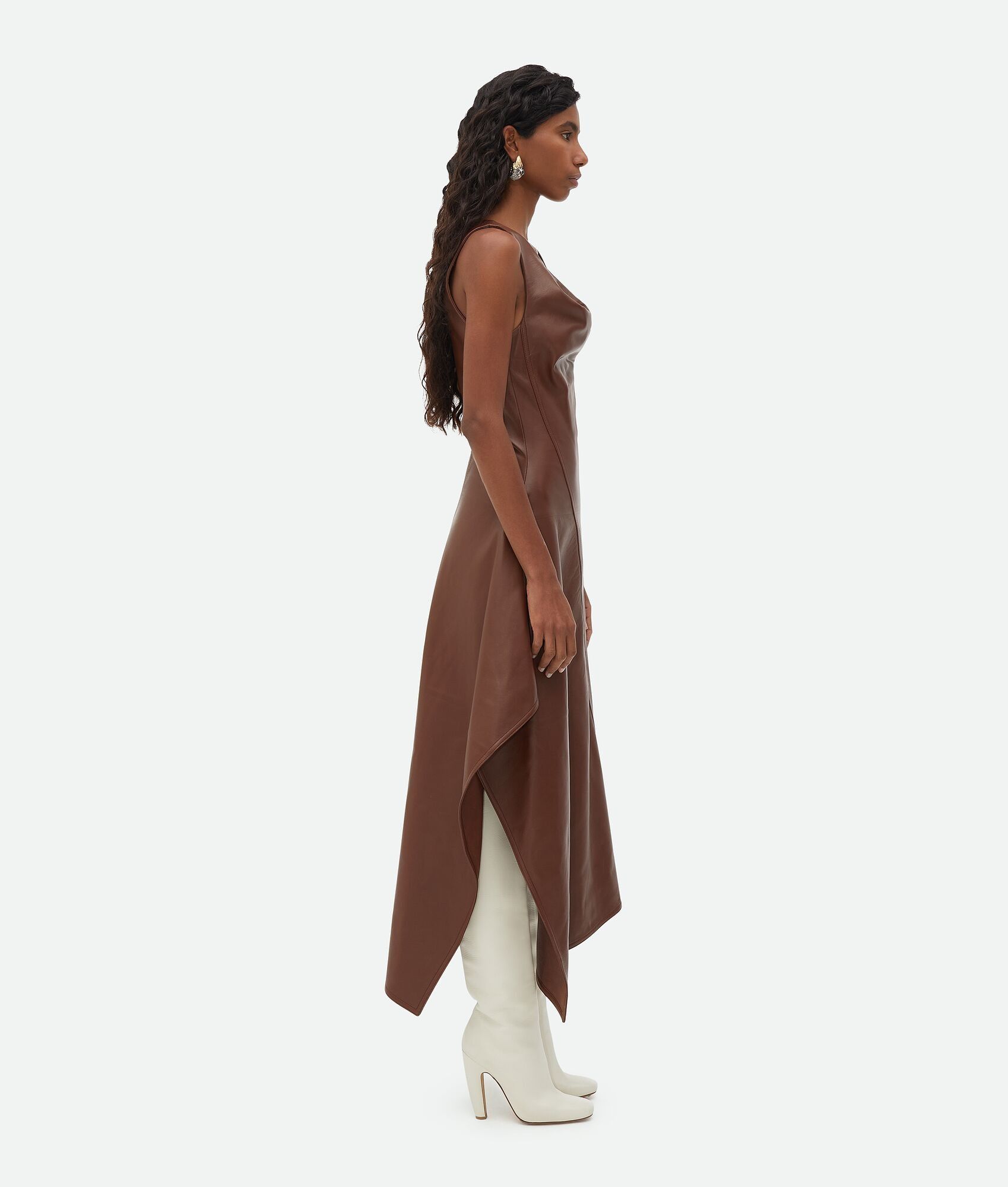 Bottega Veneta o1n1vont0325 Leather Asymmetric Midi Dress in Dark Cognac Size XXS / US 00 / IT 34 - 2 Thumbnail