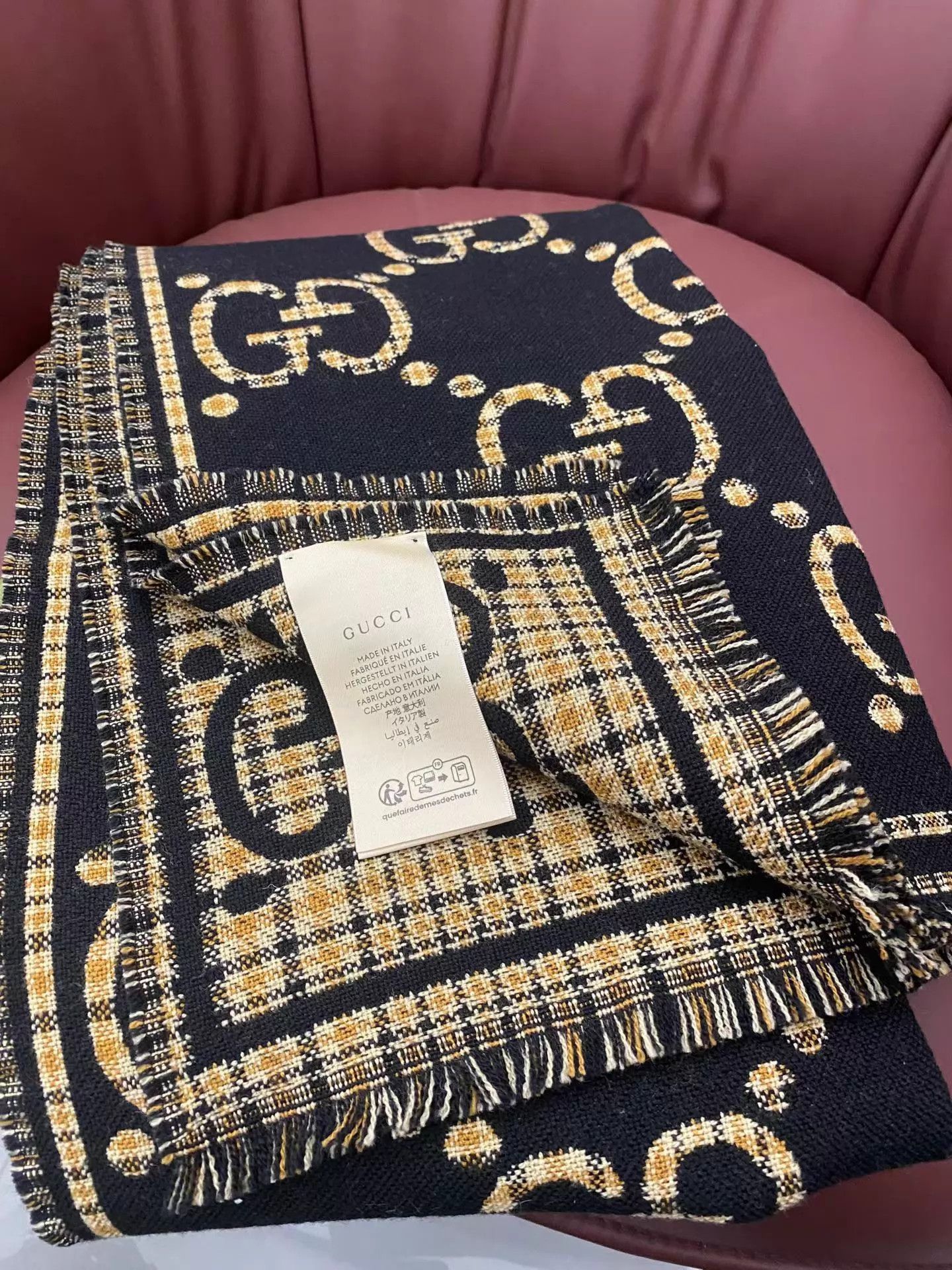 Gucci GUCCI GG Black Gold Check Wool Scarf Unused Size ONE SIZE - 6 Thumbnail