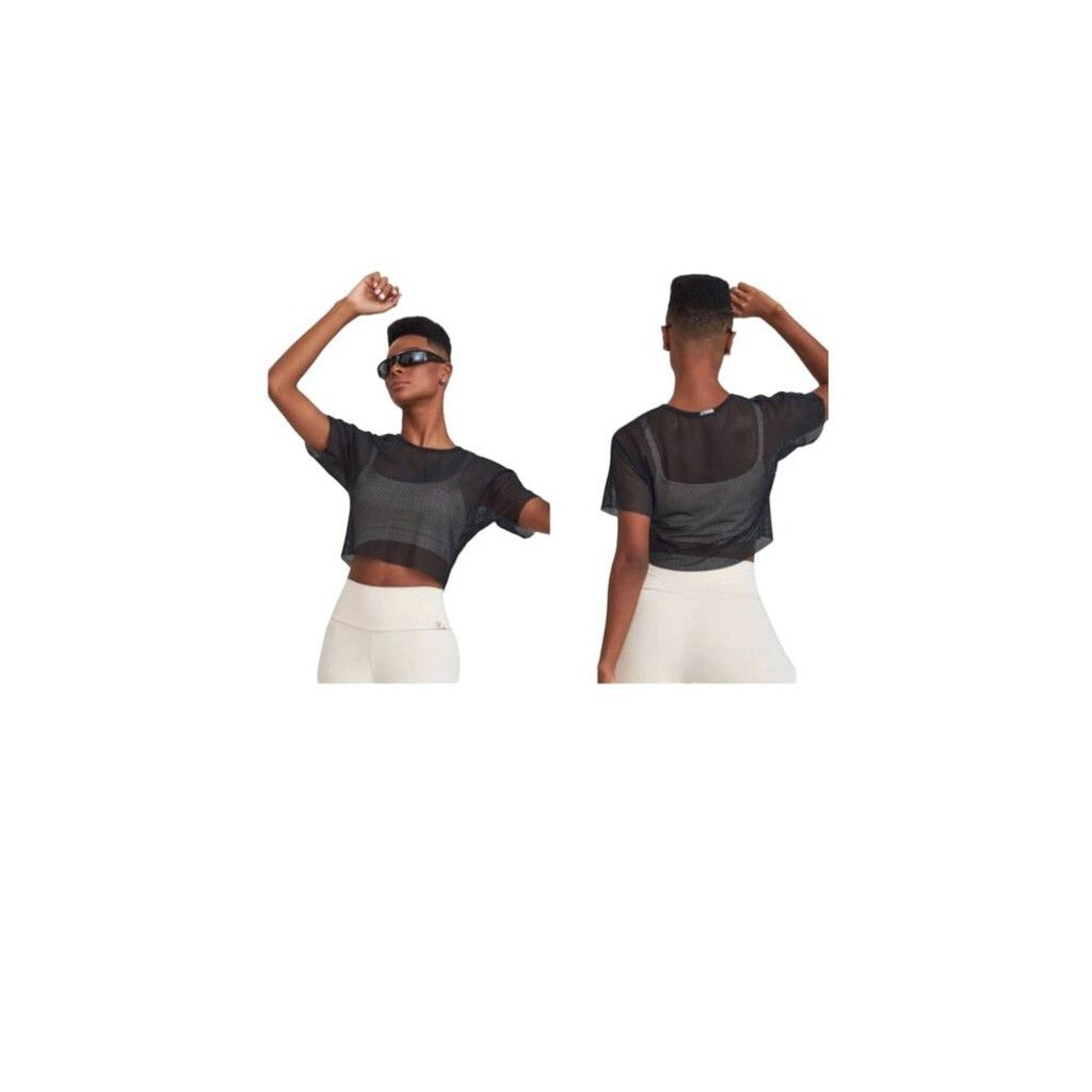Other Cajubrasil Women's Fishnet Crop Tee Solid Black See Thru Size L / US 10 / IT 46 - 1 Thumbnail