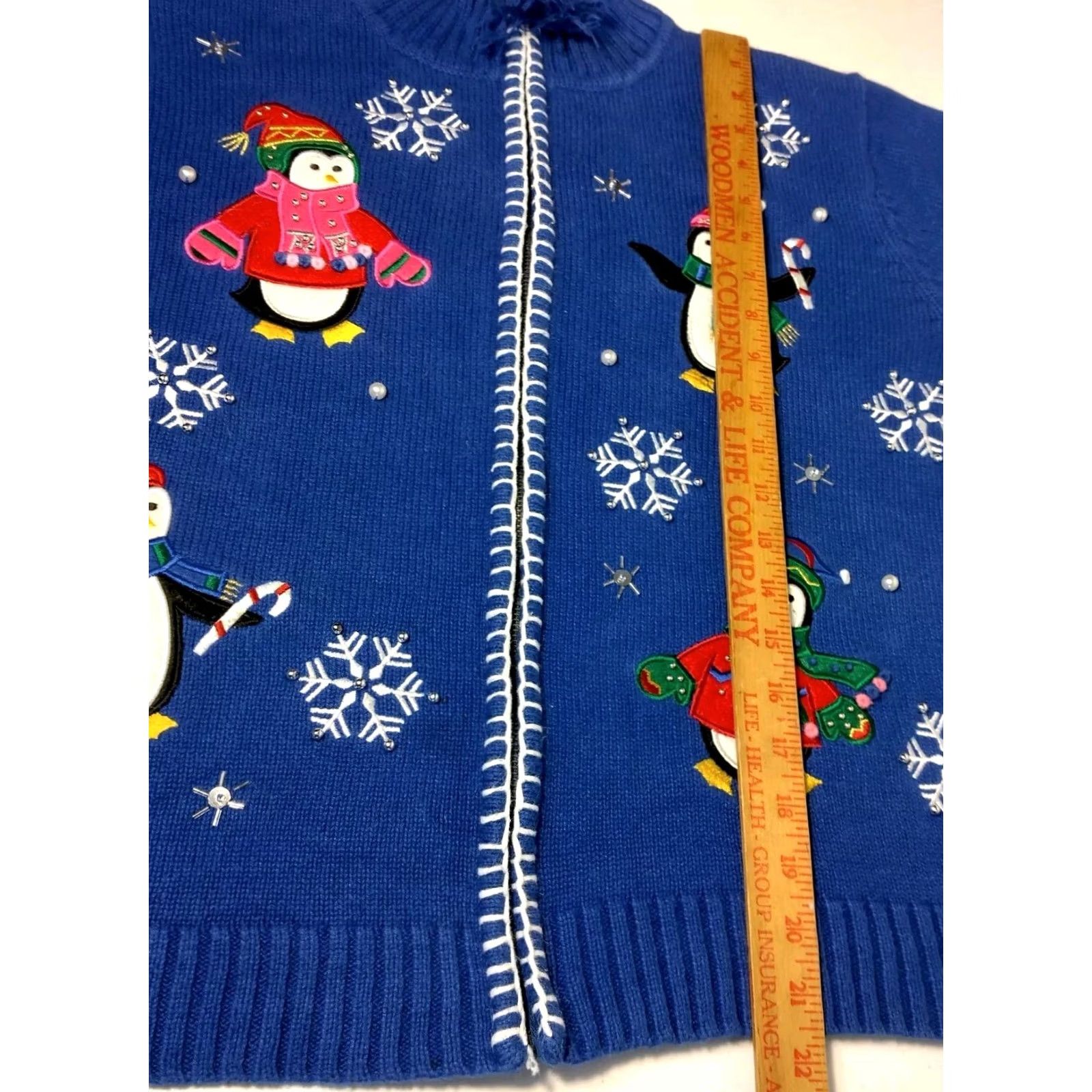 Vintage Crystal Kobe Cardigan Sweater L Blue Winter Snow Penguins Beaded Christmas Women Grade Regular Knit Mock Neck Long Sleeve Holiday Style Size L / US 10 / IT 46 - 4 Thumbnail