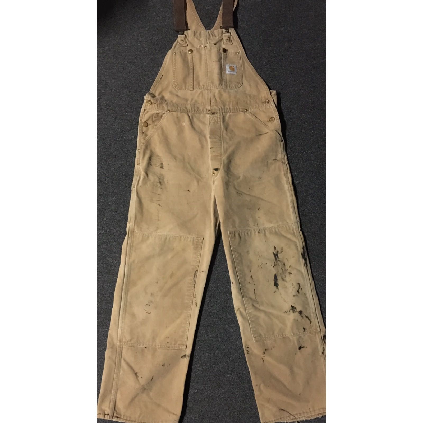 Carhartt VINTAGE Carhartt Overalls Shirt Mens 36 Tan 90s 80s Grunge Painter Biker USA Paint Distressed Double Knee"} Size US 36 / EU 52 - 2 Thumbnail