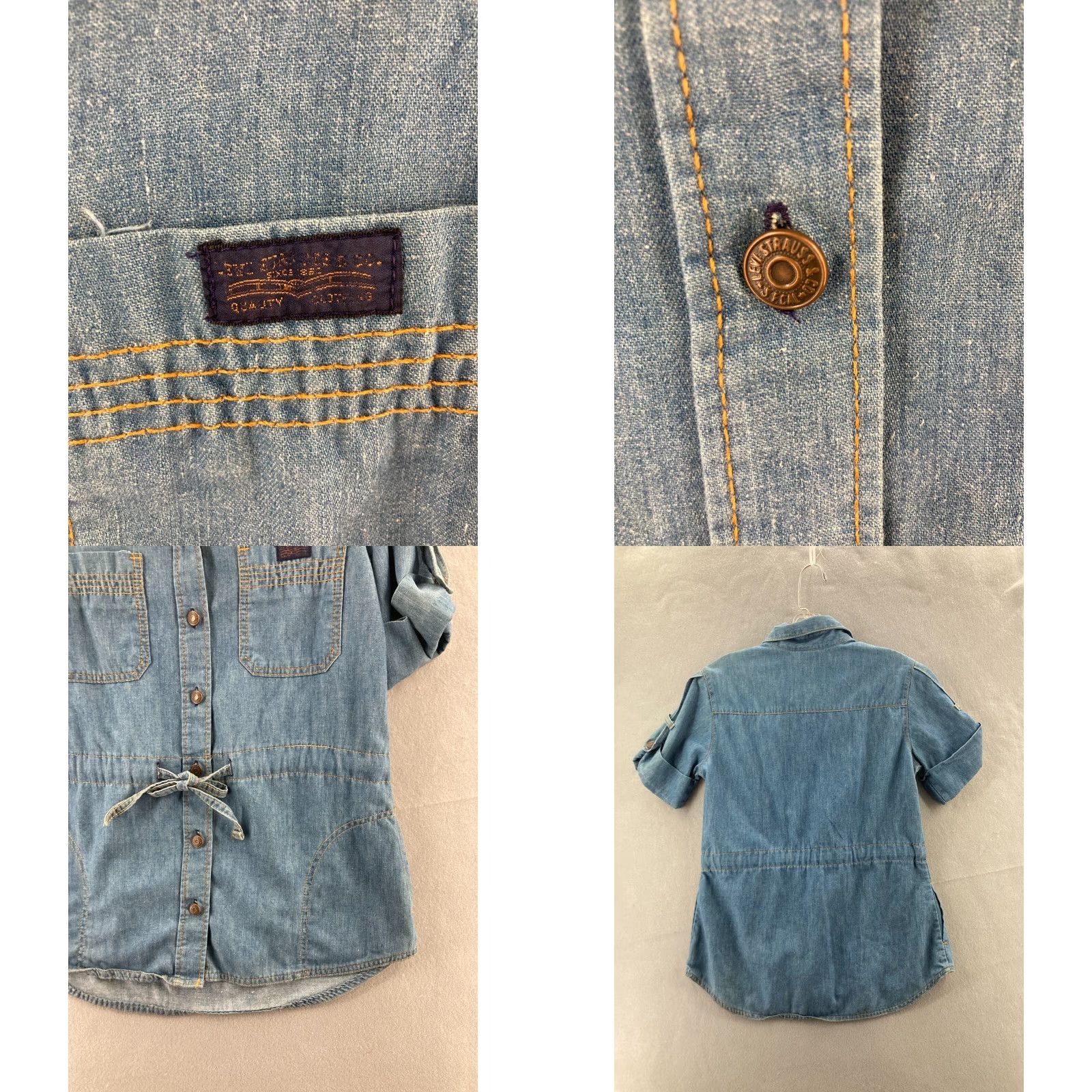 Levi's VINTAGE Levi's Denim Shirt Womens Large Belted Pockets Roll Tab Sleeve 80s 90s Button-Up 100% Cotton Blue Size L / US 10 / IT 46 - 8 Thumbnail