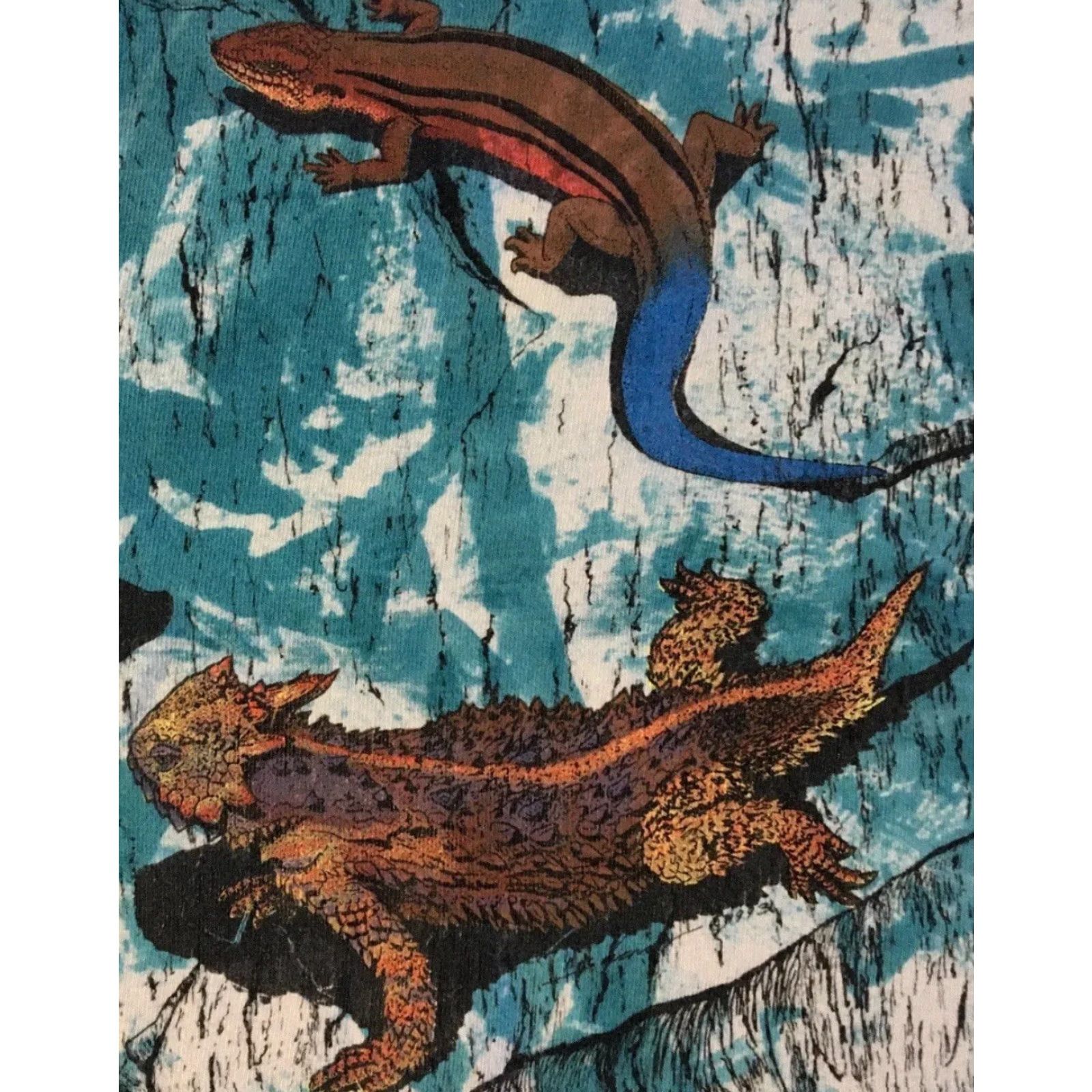 Vintage Vtg 90s Lizards All Over Print Shirt XL Blue Mens T-Shirt Short Sleeve Vintage 90s AOP Grunge Vaporwave Nature Animals Art Surf Hawaii USA 80s Decade Size US XL / EU 56 / 4 - 4 Thumbnail