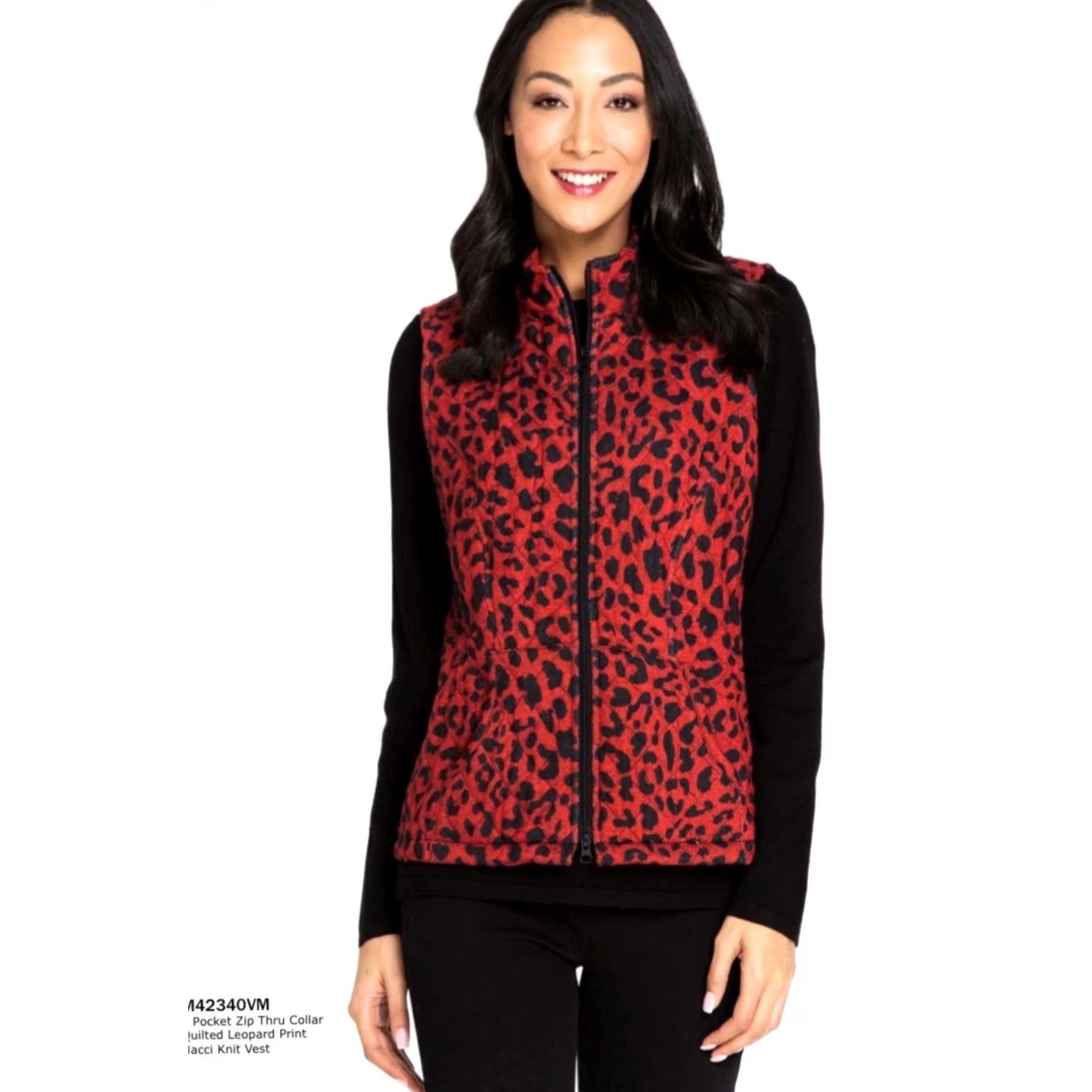 Vintage Multiples Women Red/Black Quilted Leopard Print Hacci Knit Zip Vest S Size S / US 4 / IT 40 - 3 Thumbnail