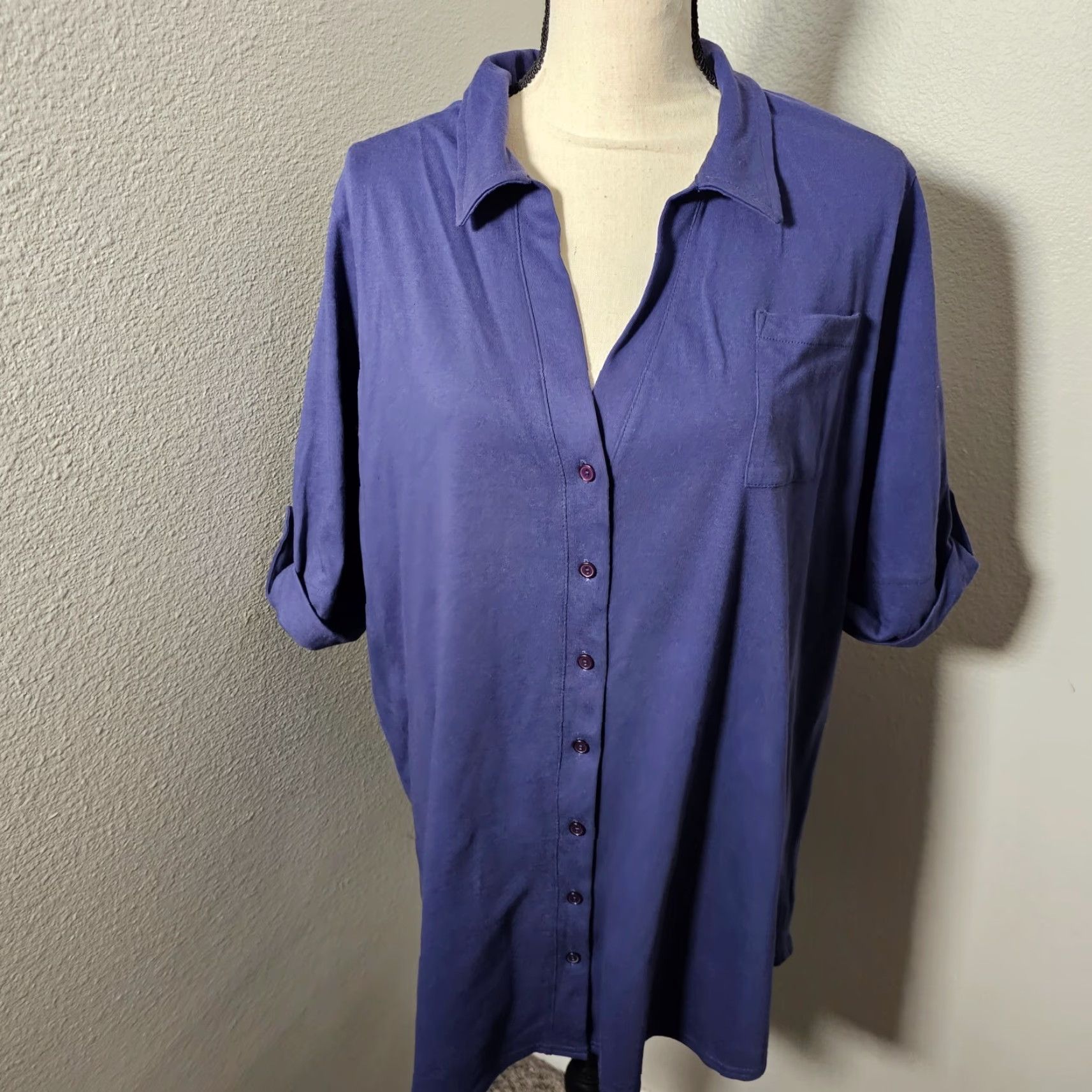 Vintage Only Necessities Women's Button-Down Blouse Shirt 1X Purple 3/4 Sleeve Pocket Casual Polka Dot Image: N/A Size XL / US 12-14 / IT 48-50 - 2 Thumbnail